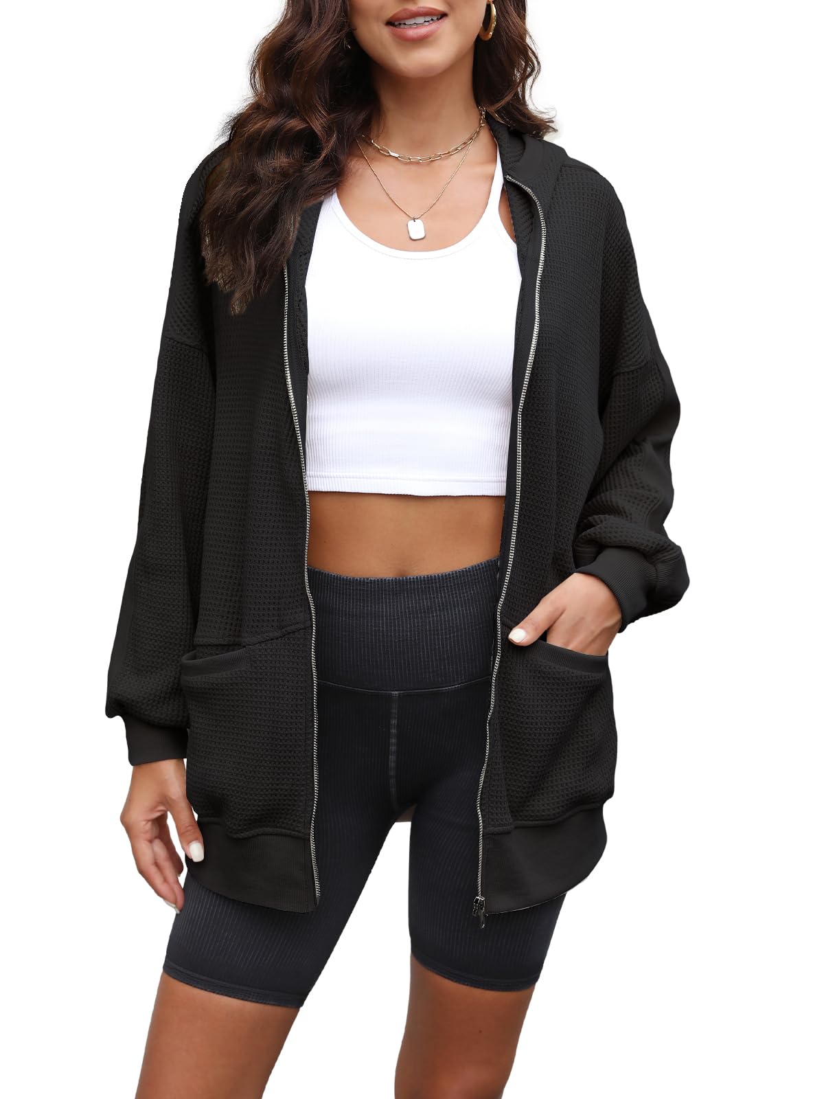 Yanekop Women's Oversized Zip-Up Hoodie Jacket - Waffle Knit Shacket with Pockets | Cozy Fall & Winter Outerwear for Casual Outings, Layering, and Streetwear Fashion