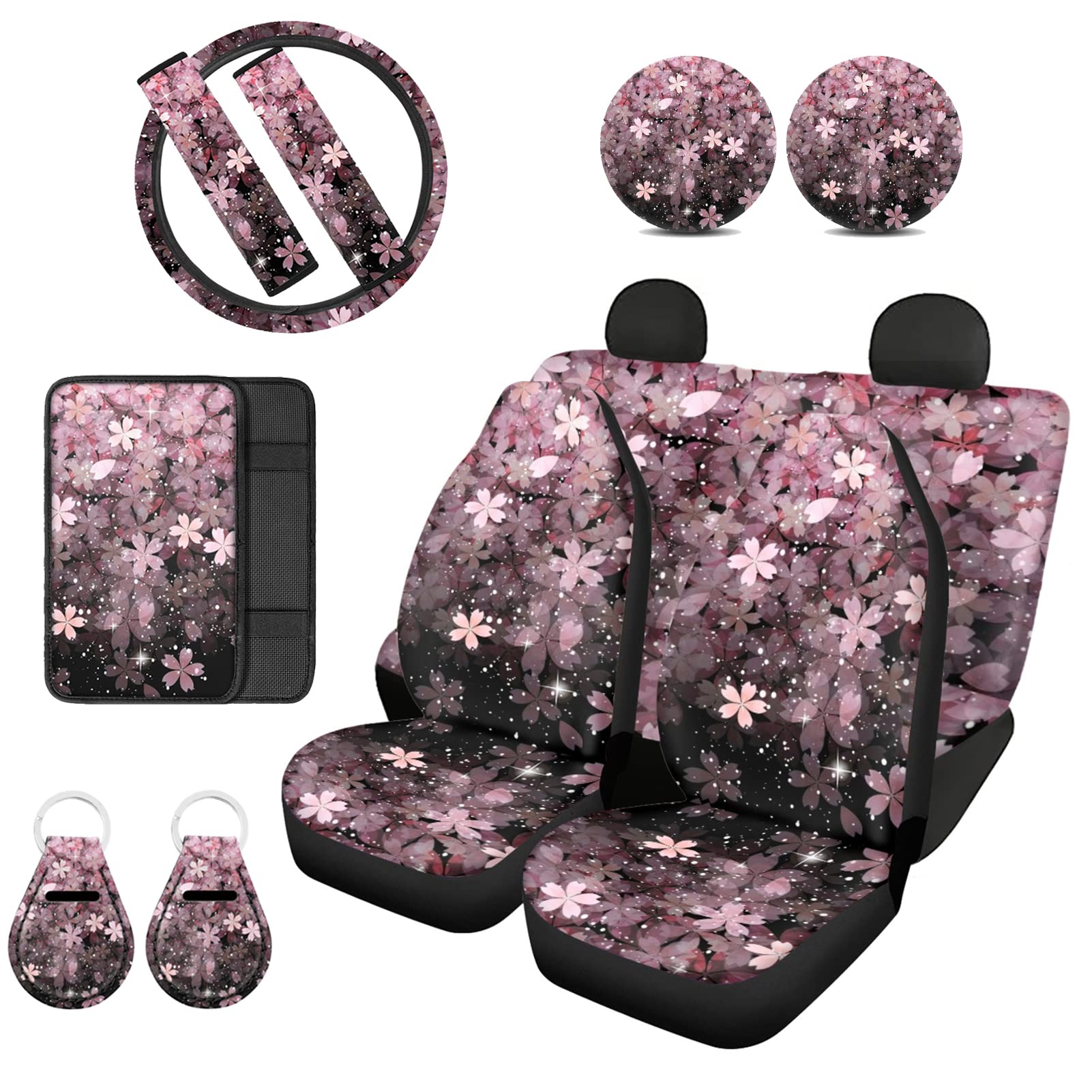 Cherry Blossom Car Seat Covers Set - 12 Piece Universal Fit for Women & Men - Sakura Steering Wheel Cover, Armrest Protector, Seatbelt Pad, Keychains & Coasters - Perfect for Spring Road Trips & Car Decor