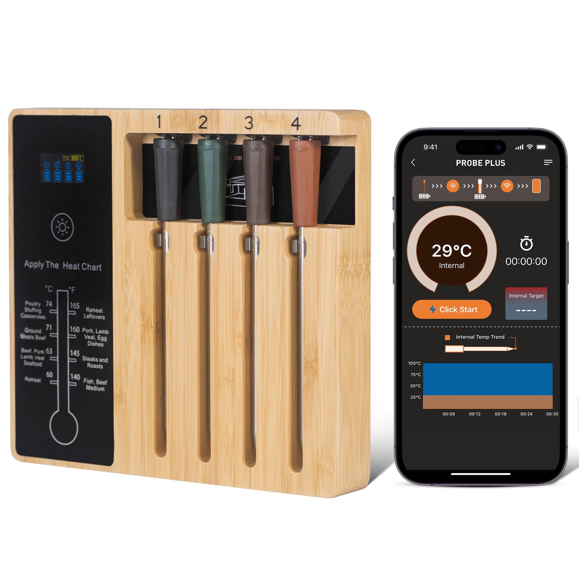 Premium 4-Probe Wireless Meat Thermometer for BBQ, Grilling & Oven Cooking - Bluetooth Smart Food Thermometer with iOS/Android App, Apple Watch & Alexa Compatibility - Dishwasher Safe - Perfect for Backyard BBQs, Smoking Meats & Holiday Roasts