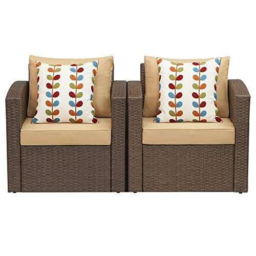 2-Piece All-Weather Outdoor Wicker Armchairs with Cushions - Brown/Beige Patio Furniture Set for Garden, Poolside & Backyard Relaxation