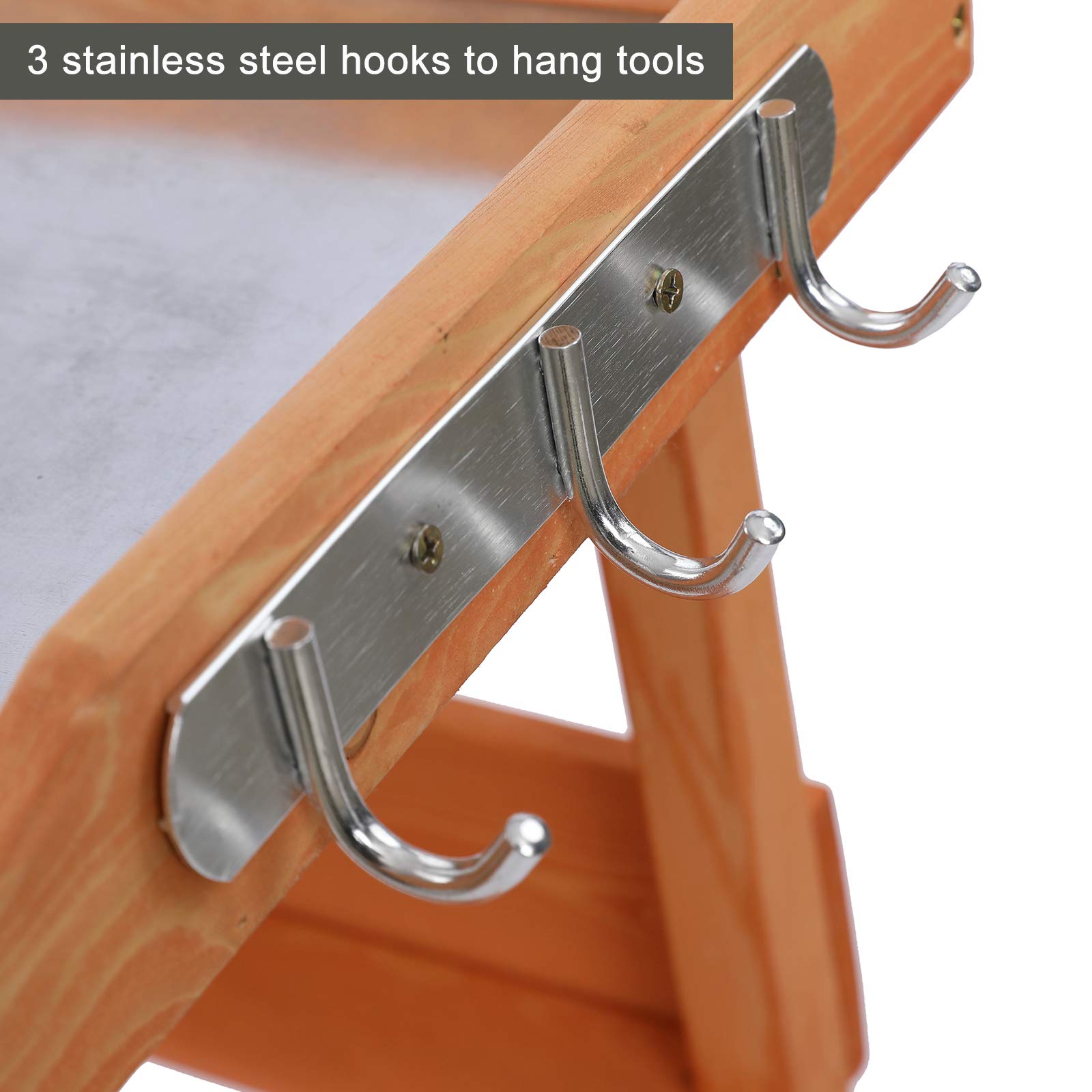 Heavy Duty Wooden Potting Bench with Metal Table Top & 3-Tier Shelves - Sturdy Outdoor Garden Workstation with Open Storage & Hanging Hooks - Perfect for Planting, Gardening, and DIY Projects in Backyard or Greenhouse