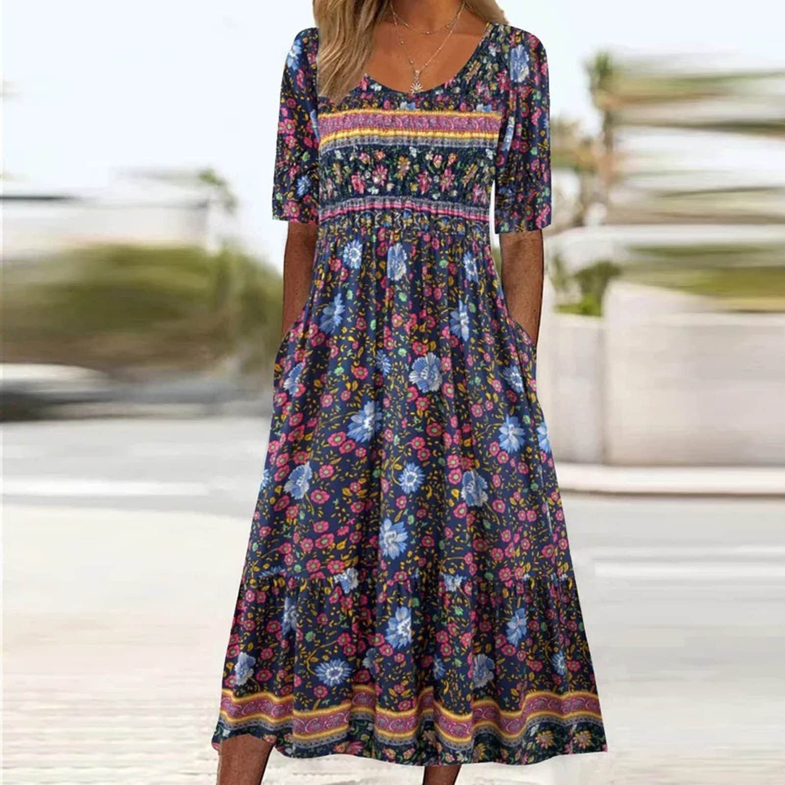 Women's Plus Size Boho Floral Print T-Shirt Dress - Casual Loose Flowy Midi Dress with Pockets for Summer 2025 | Perfect for Beach Outings, Music Festivals & Everyday Comfort