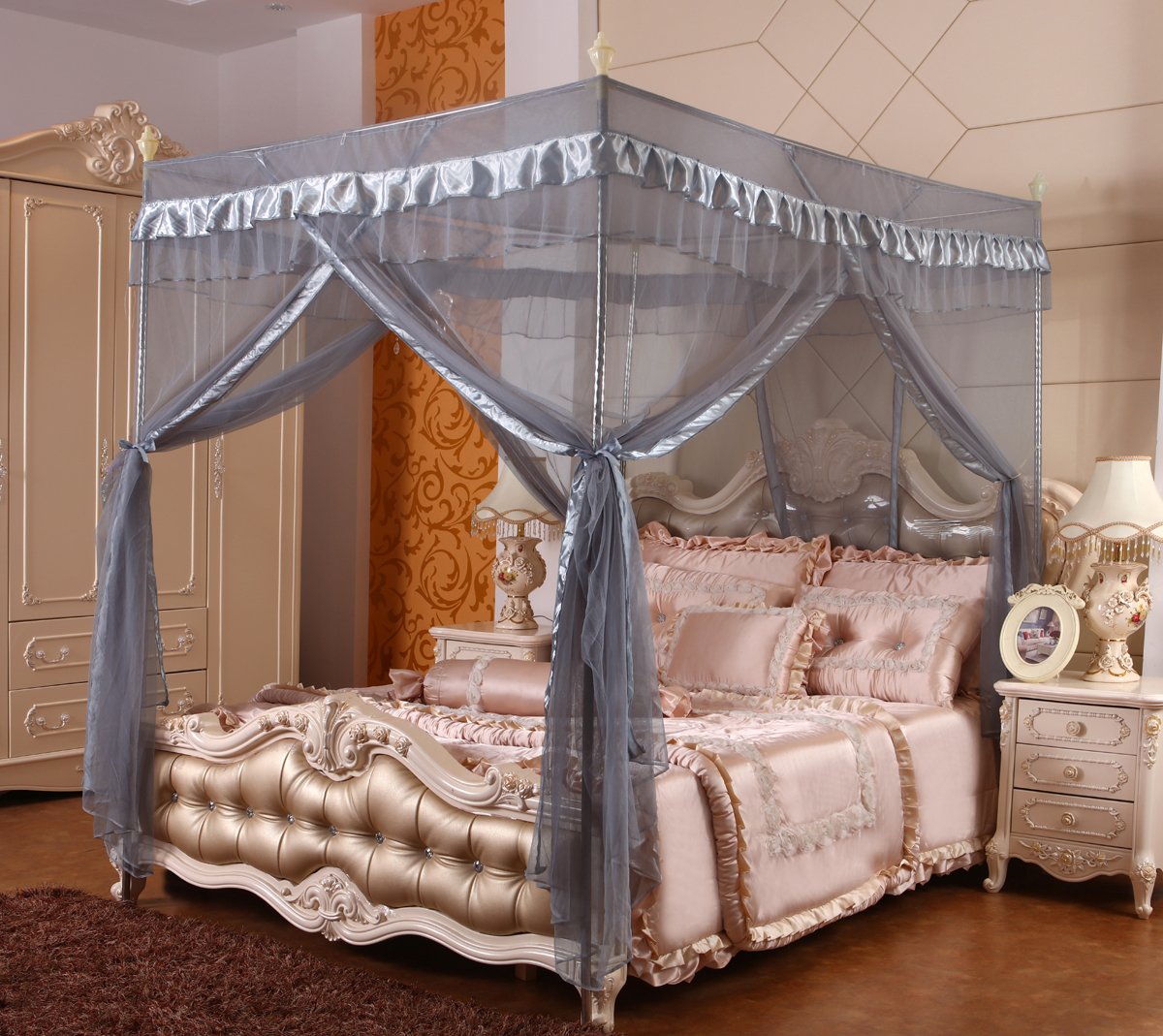 Elegant Gray Canopy Bed Curtains with Mosquito Net for Queen Size Bed - Perfect for Bedroom Decor, Romantic Nights & Outdoor Camping