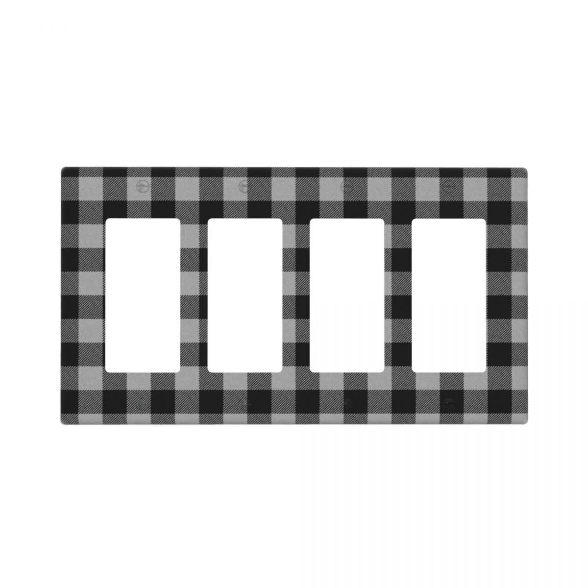 Black and White Buffalo Plaid 4-Gang Rocker Light Switch Cover - Decorative Quad Wall Plate for Outlets & Switches (4.5