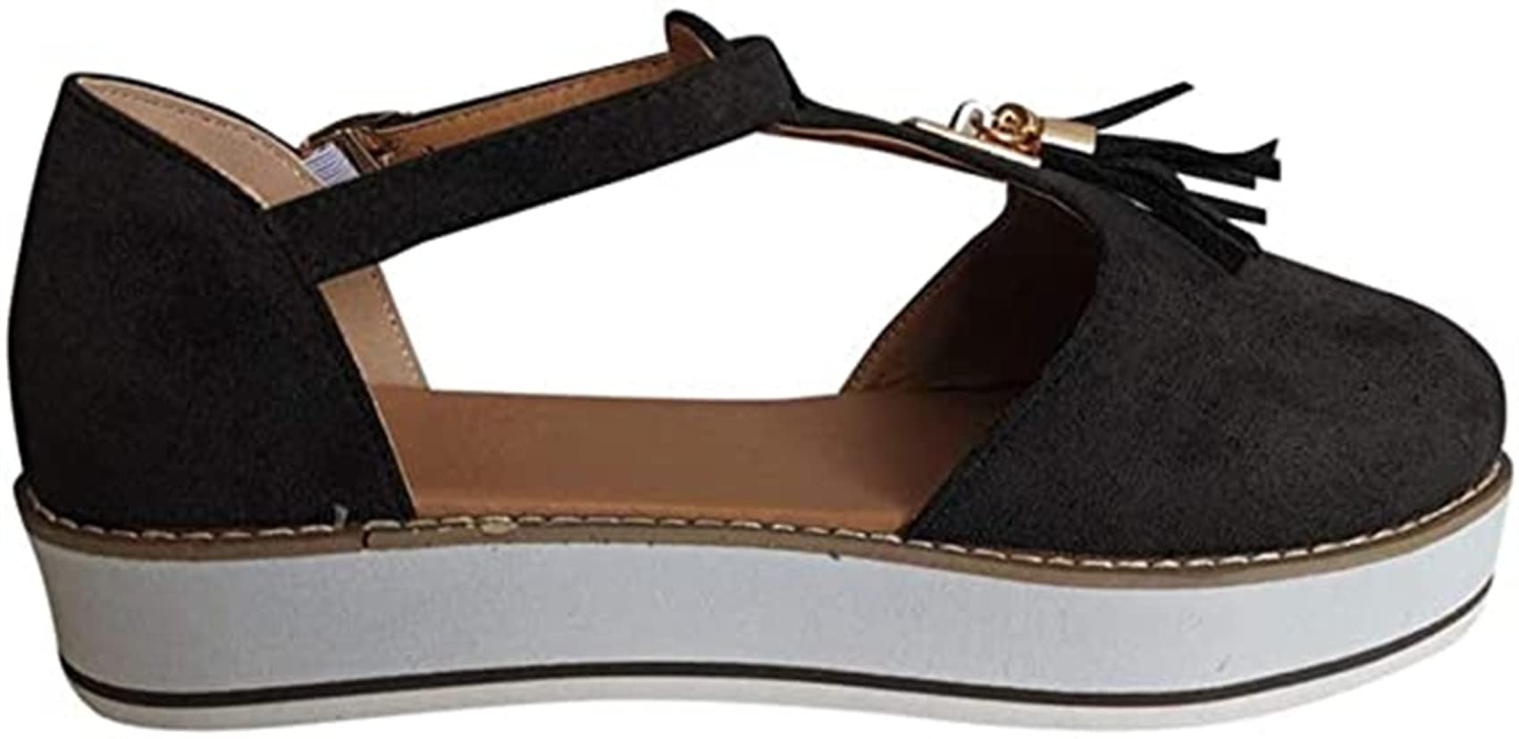 Women's Platform Walking Shoes - Fashion Tassel T-Strap Loafers with Chunky Heel & Thick Sole | Round Toe Slip-On Ballet Flats for Casual Wear & Travel | Black (US8/EU40) | Perfect for Work, Shopping & Daily Comfort