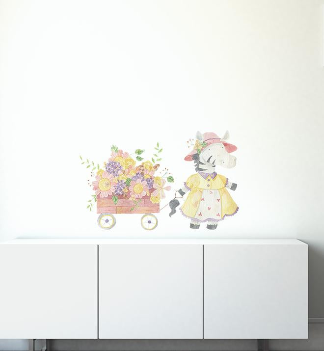 Cecilia The Zebra Pulling Her Flower Cart Wall Decal - Removable Vinyl Sticker for Kids Room, Nursery, Playroom Decor - Perfect for Birthday Parties & Baby Showers