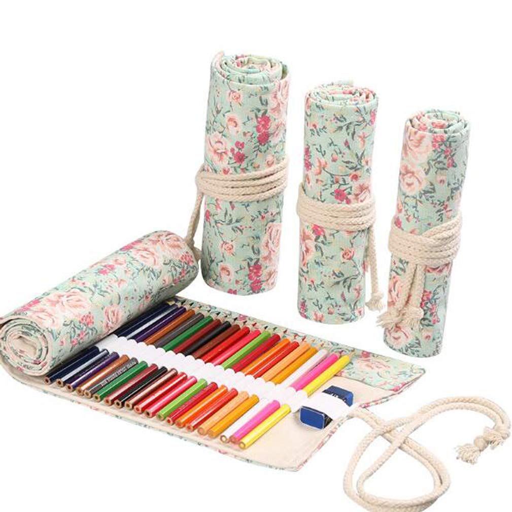 FZBNSRKO Floral Flower Canvas Pencil Case Roll - 72 Slot Organizer for Colored Pencils, Pens & Art Supplies | Perfect for Students, Artists & Adults | Travel Storage, School, Office & Crafting Use