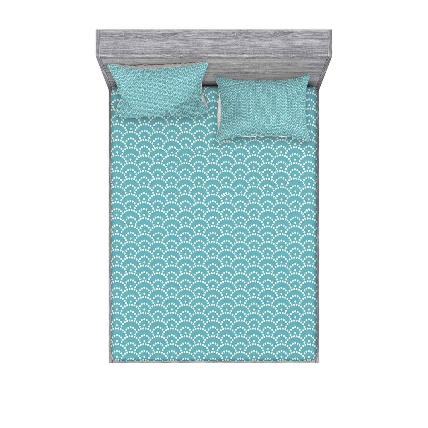 Ambesonne Pale Blue Fitted Sheet & Pillow Sham Set - Abstract Bubble Pattern Japanese Style Vintage Bedding, 3-Piece Full Size Turquoise White Decor Set for Master Bedroom, Guest Room or Dorm