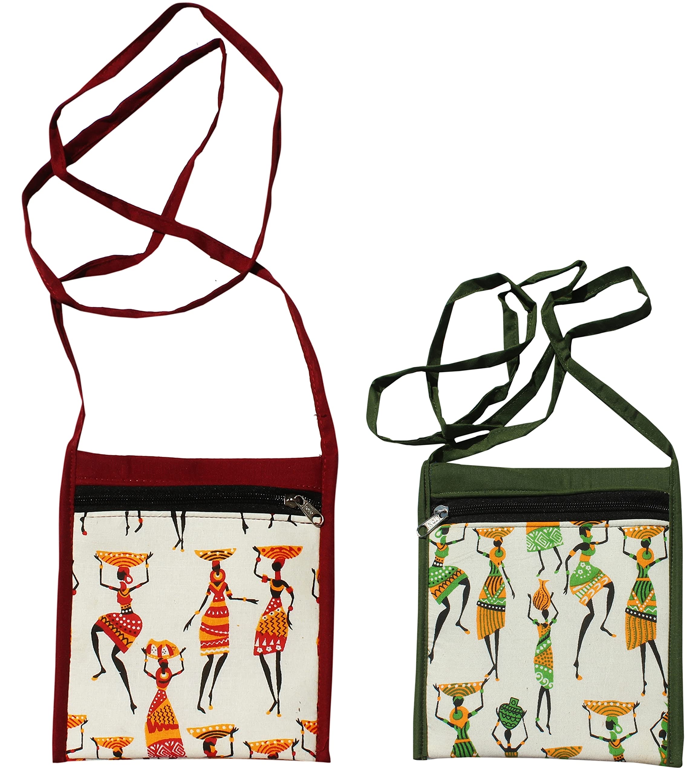 Mandhania Warli Printed Cotton Sling Bags for Women - Pack of 2 Multicolor Shoulder Bags | Boho Chic Crossbody Purse for Travel, Shopping & Casual Outings