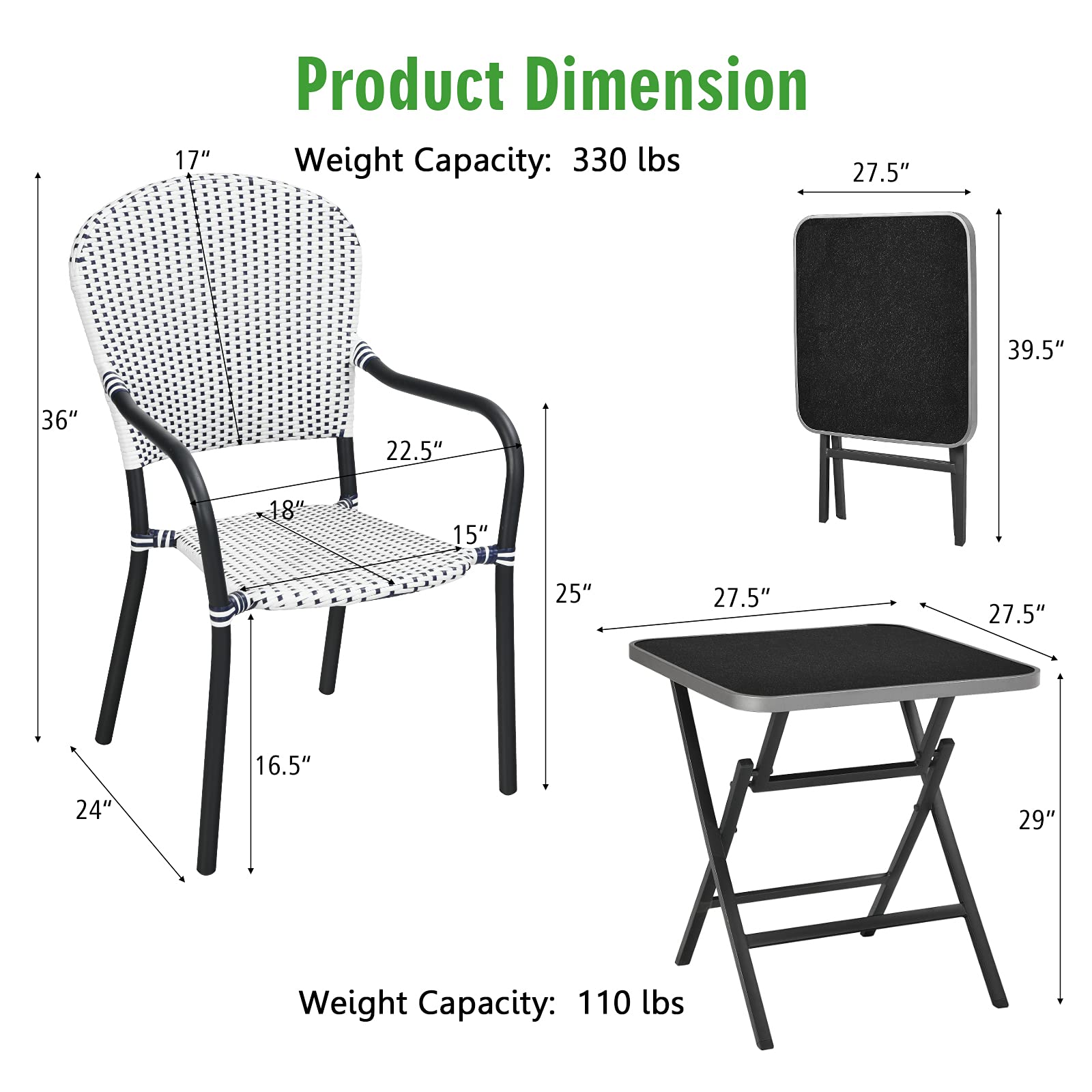 Tangkula 5-Piece Rattan Patio Dining Set - No Assembly Square Folding Table & 4 Stackable Chairs with Tempered Glass Top for Backyard, Garden, Poolside | Perfect for Outdoor Entertaining, Small Space Dining & Bistro Style Decor