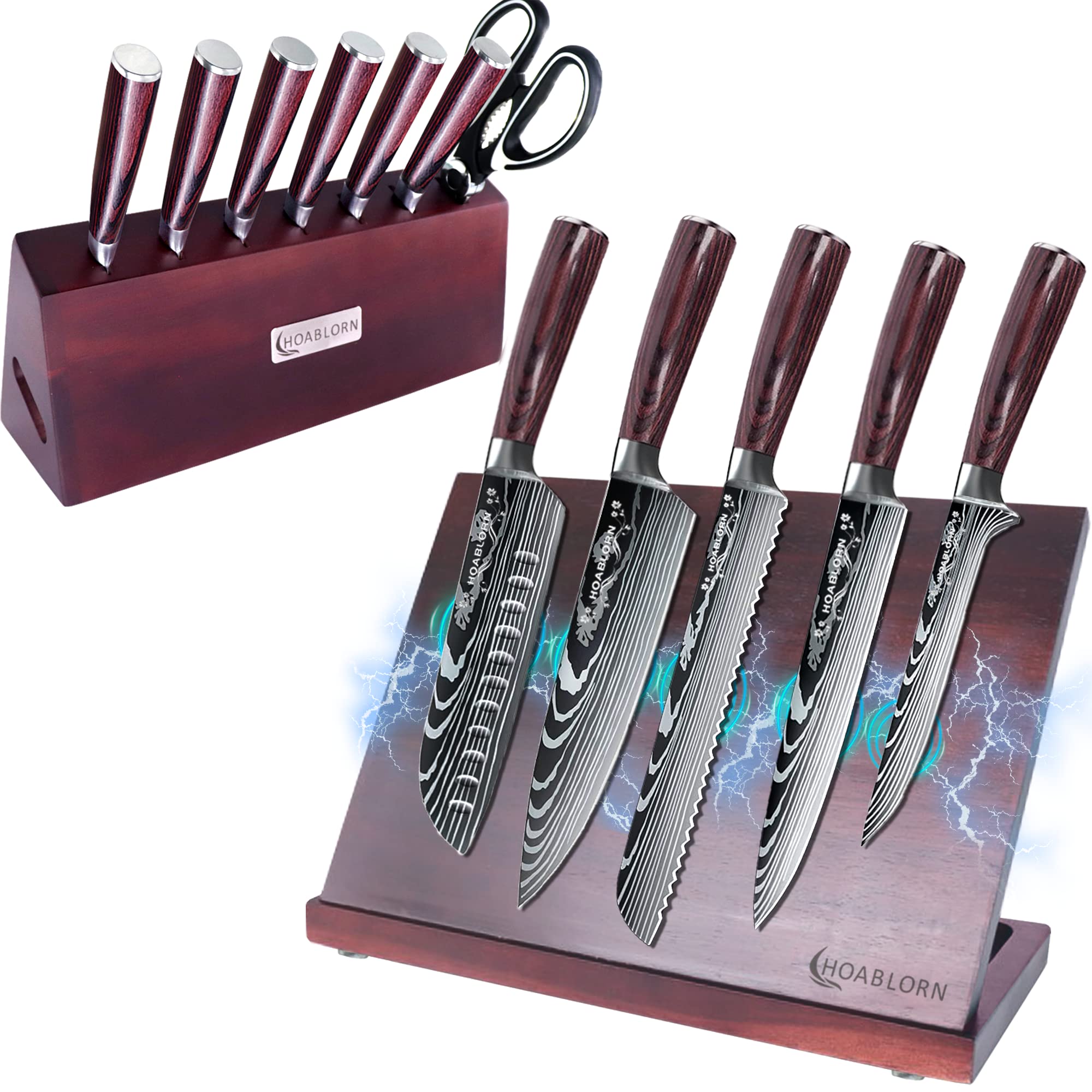 HOABLORN Luxury 19-Piece Magnetic Knife Block Set - Damascus German Stainless Steel Kitchen Knives with Acacia Wood Holder - Perfect for Professional Chefs & Home Cooking Enthusiasts - Ideal for Meal Prep, Slicing, Dicing & Gourmet Cooking