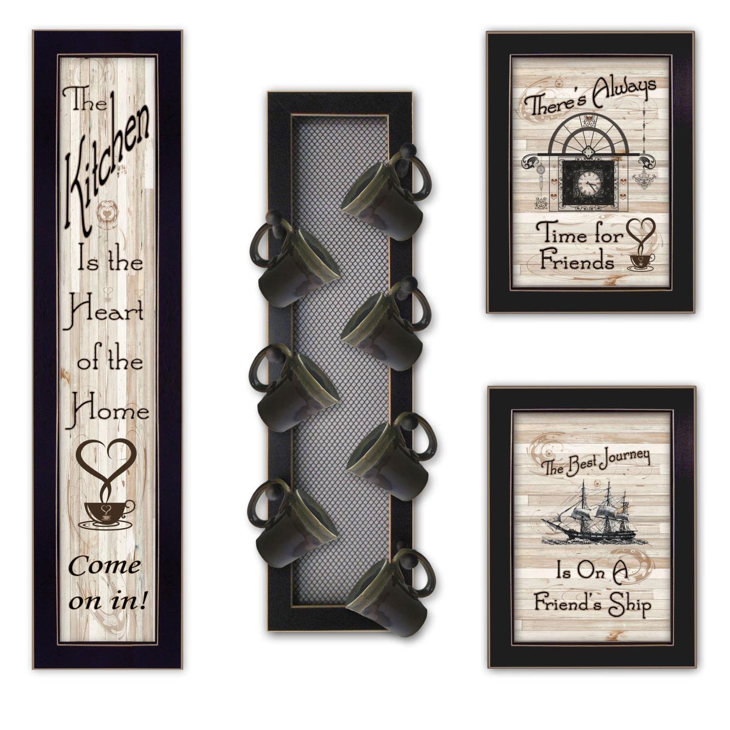 4-Piece Black Wooden Mug Rack Set with 7 Pegs - Kitchen Wall Organizer for Coffee Cups & Mugs by Millwork Engineering - Perfect for Small Spaces & Coffee Bar Decor