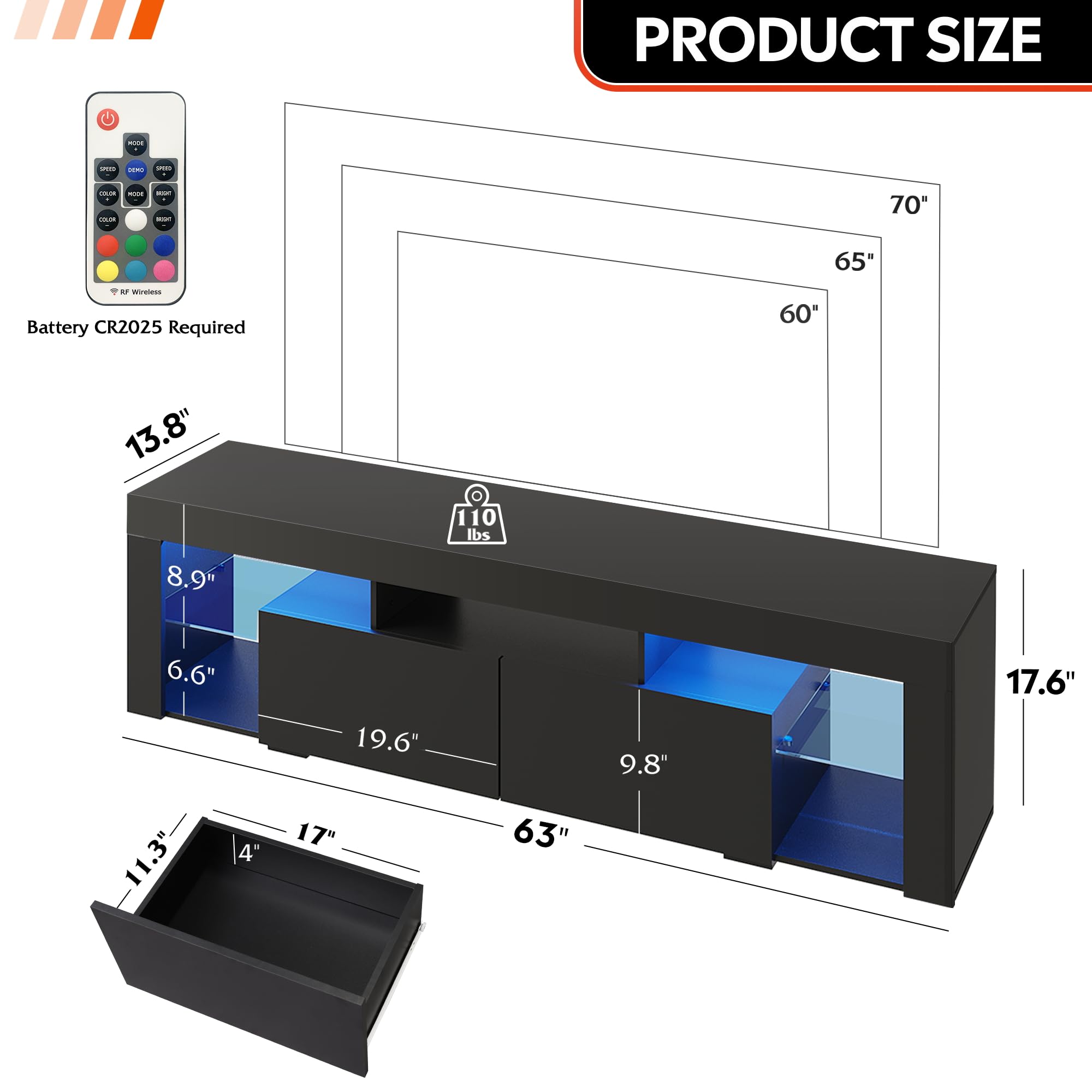 WLIVE 63 Inch TV Stand for 60-70 Inch TVs - Modern LED Entertainment Center with 2 Drawers - Black TV Console for Living Room - Perfect for Home Theater & Family Entertainment