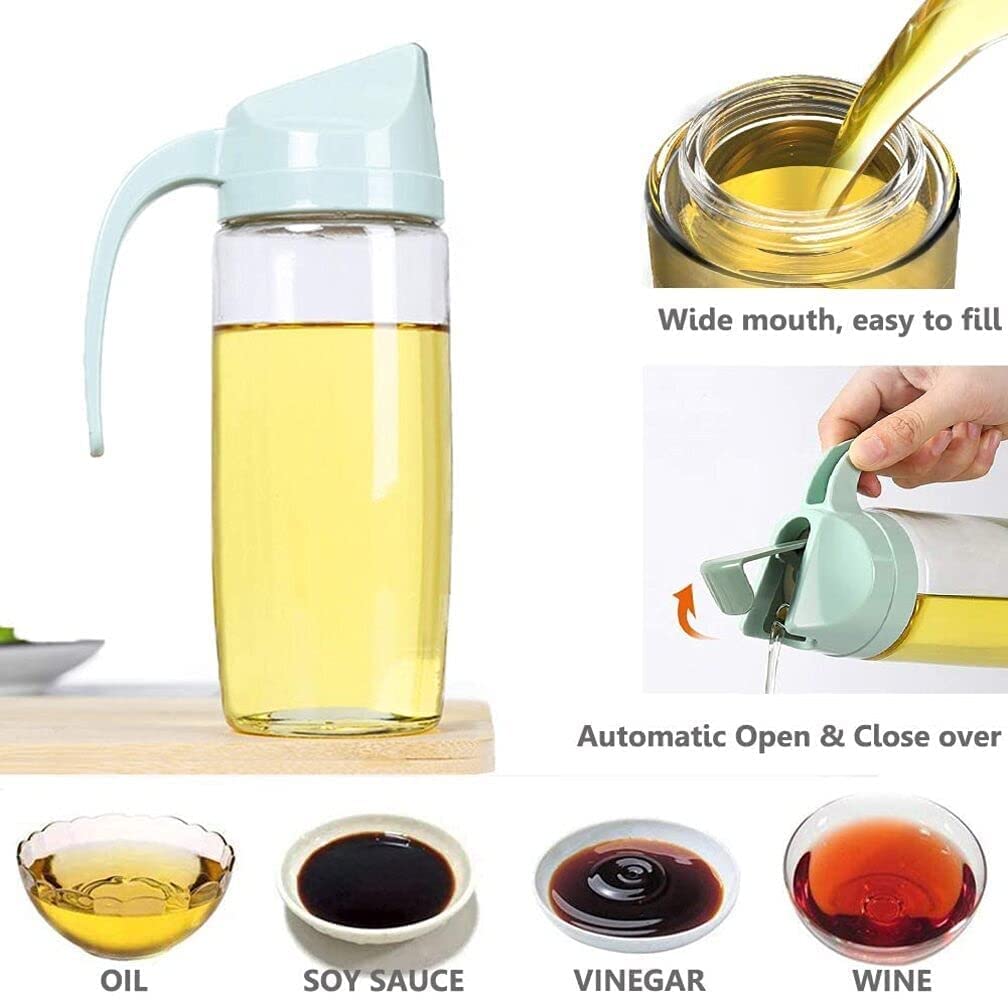 Premium Olive Oil Glass Bottle with Auto Flip Silicone Dispenser - 630ml Leak-Proof Kitchen Oil Dispenser with Non-Slip Handle & Automatic Cap - Perfect for Cooking, Baking, Salad Dressing & Countertop Storage