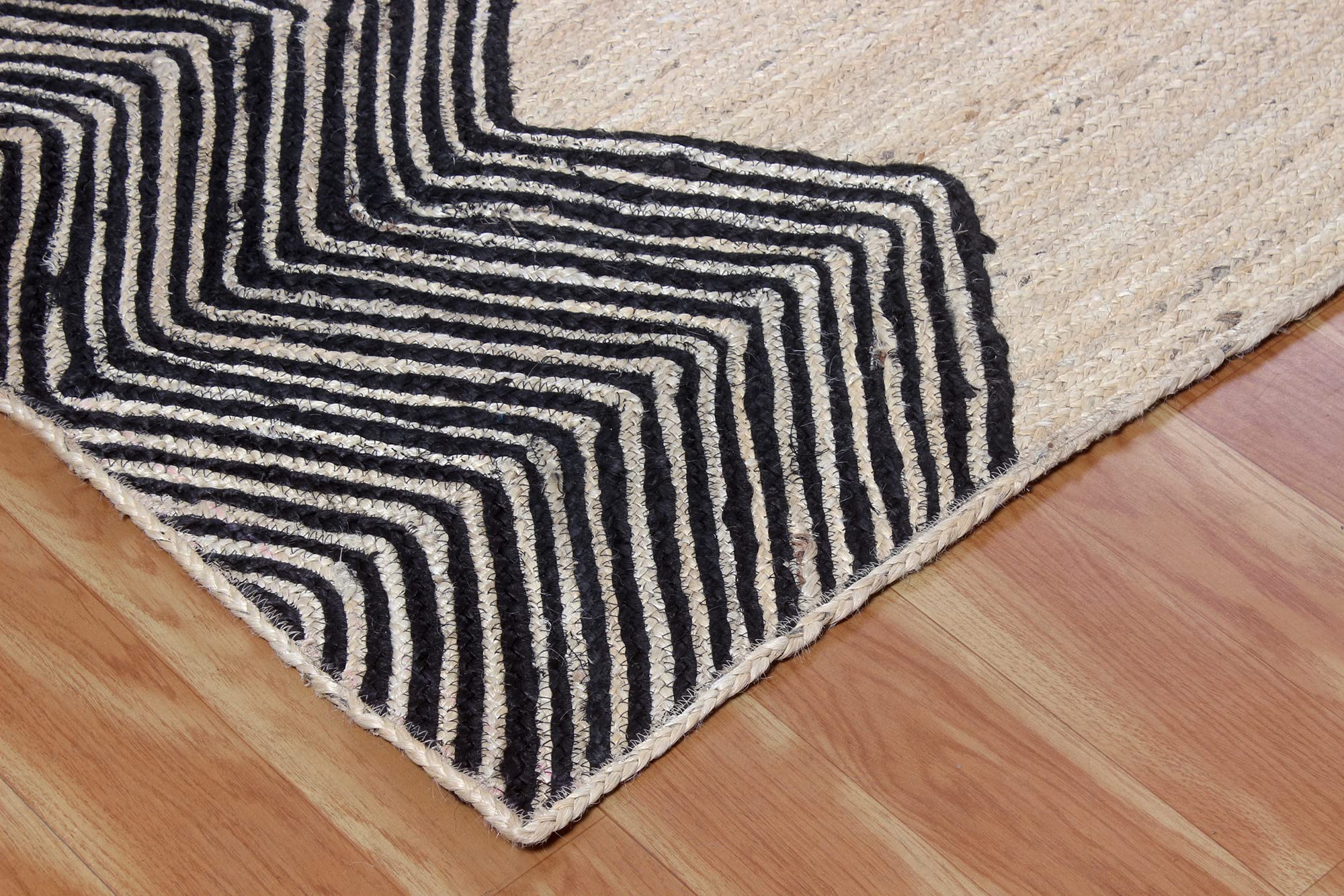 Handwoven Indian Jute Rug - Geometric Black & Beige 6x6 Feet Square Area Rug for Dining Room, Bedroom, Living Room, Nursery & Balcony - Eco-Friendly Home & Office Floor Decor