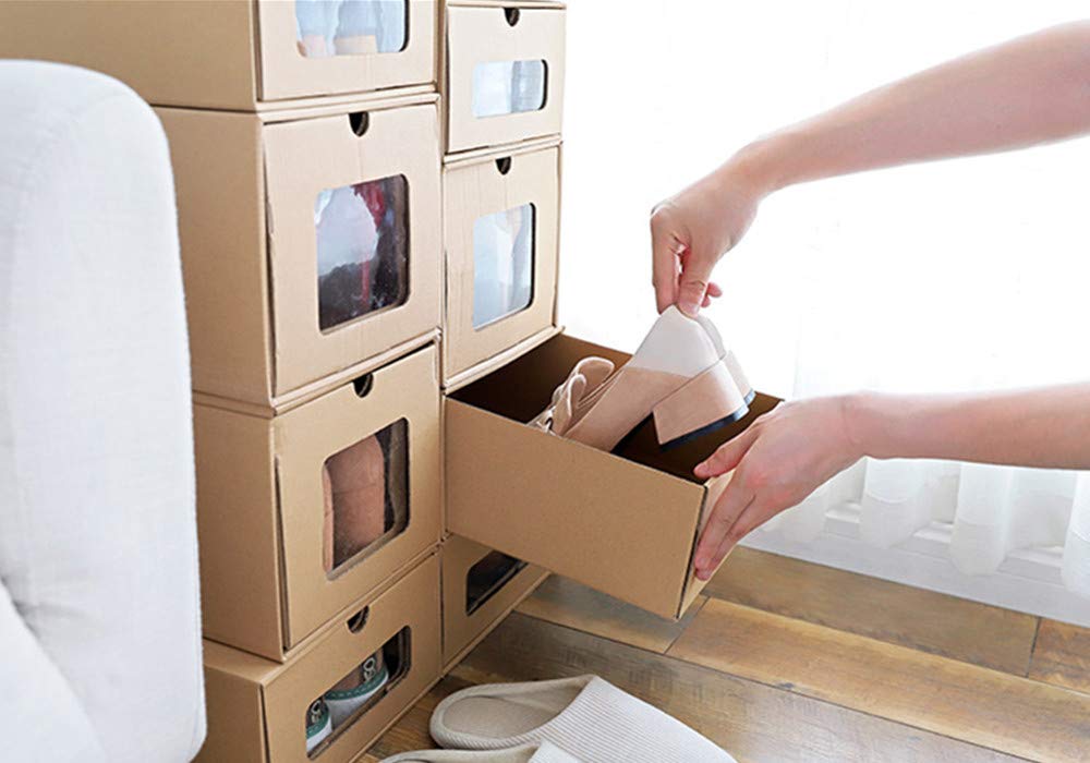DIY Clear Shoe Storage Boxes - 10 Pack with Dividers for Organizing Shoes, Socks & Underwear | Stackable Cardboard Shoe Box Organizer for Closet, Bedroom & Dorm Room Storage Solutions