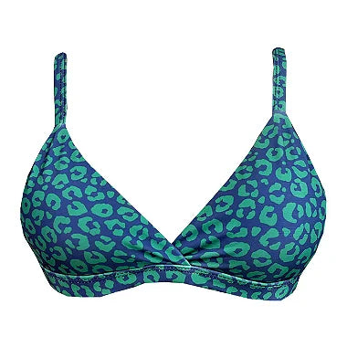 Stylish Blue and Green Jaguar Print Brazilian Fixed Triangle Bikini Top - Perfect for Beach Vacations, Pool Parties & Summer Getaways