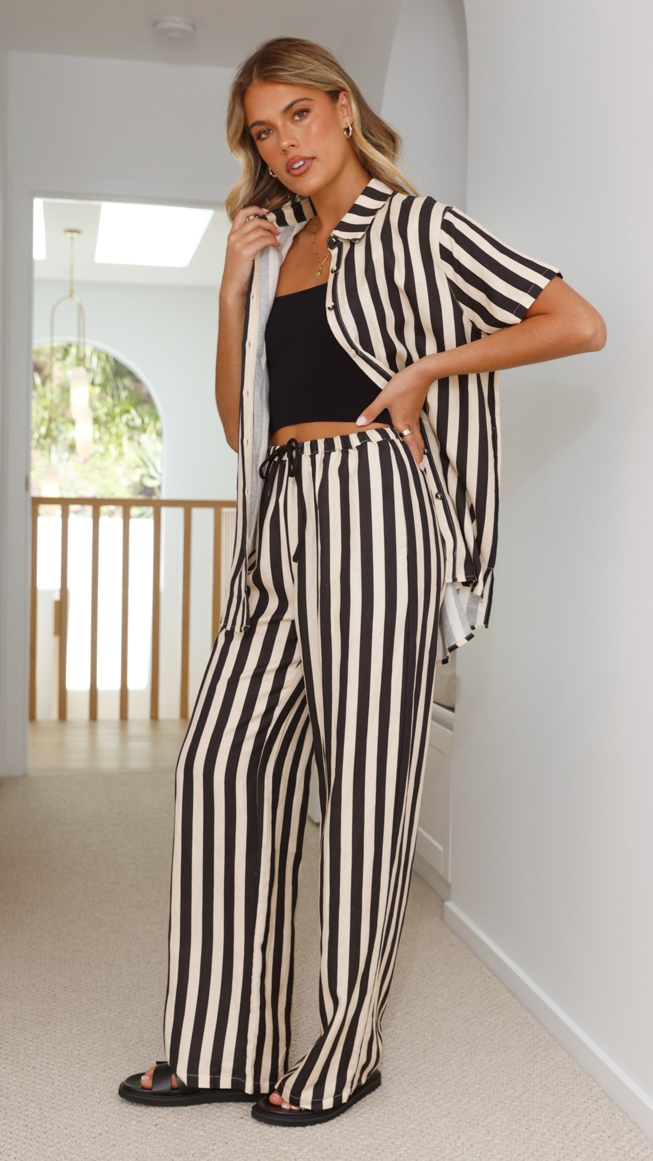 Josie Pants for Women - Black & Beige Striped High-Waisted Trousers | Comfortable Office Work Pants & Casual Wear for Everyday Outfits