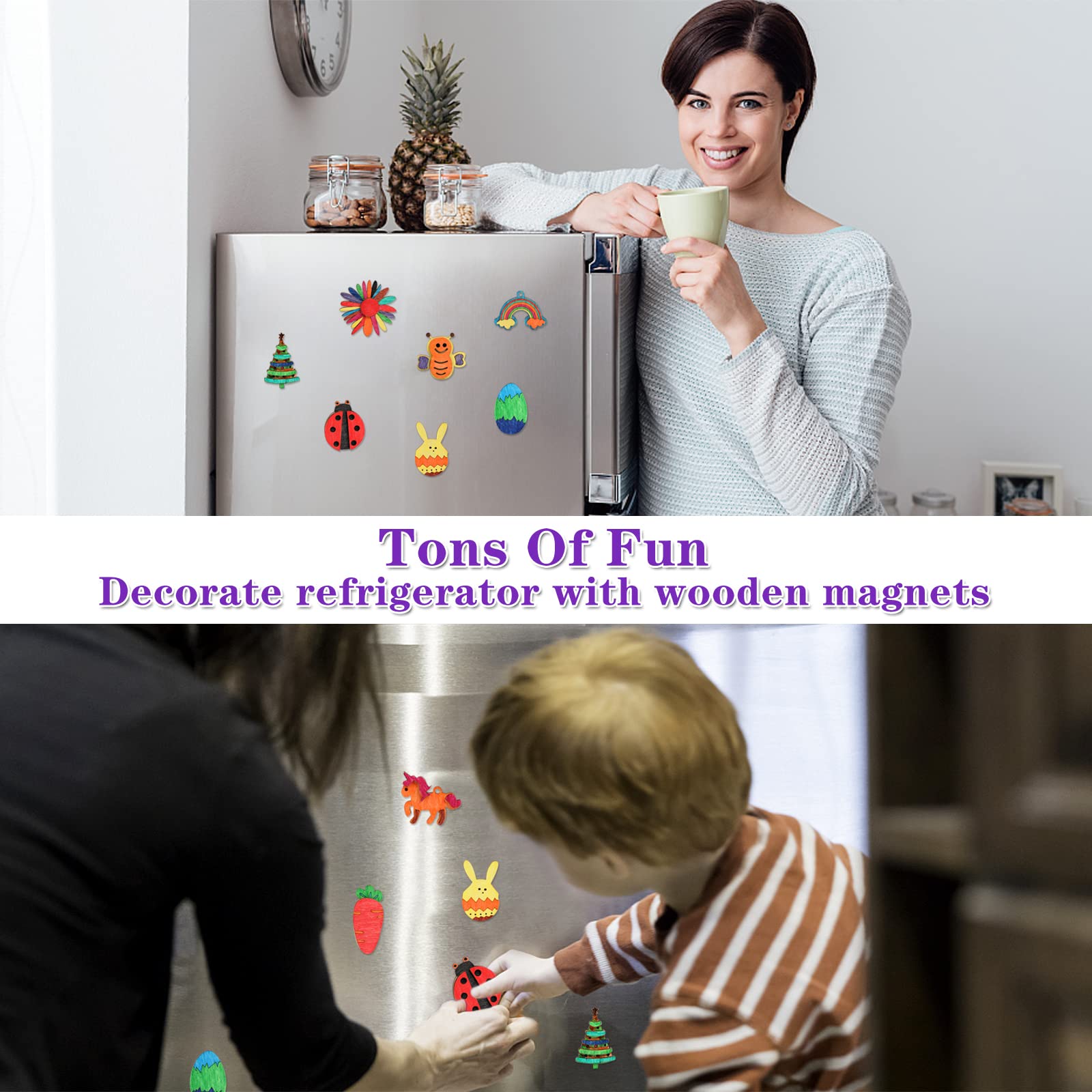 Worgree DIY Wooden Magnets Kit - 36 pcs Wooden Craft Painting Supplies for Kids Ages 4-12, Creative Art Party Favors, Birthday Easter Gifts, Classroom Activities & Holiday Goodie Bag Stuffers