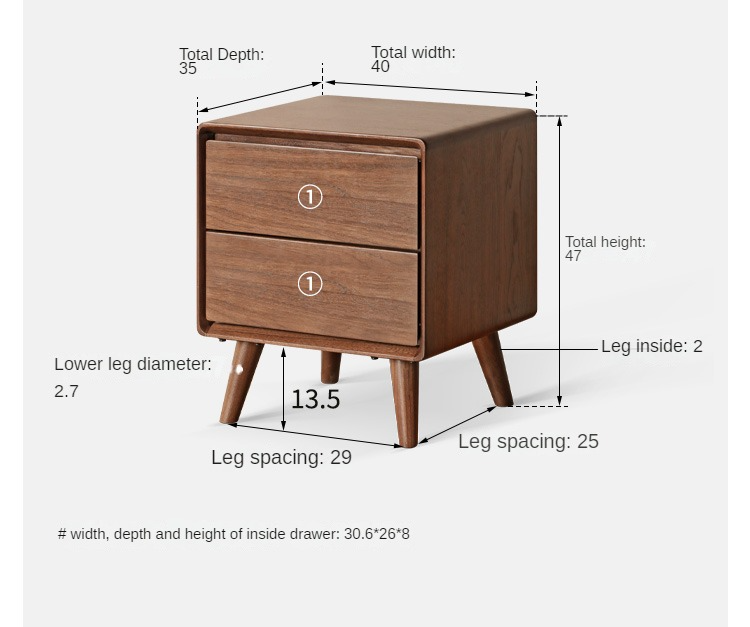 Solid Black Walnut Wood Classic Nightstand - Stylish Bedside Table for Bedroom, Living Room & Guest Room