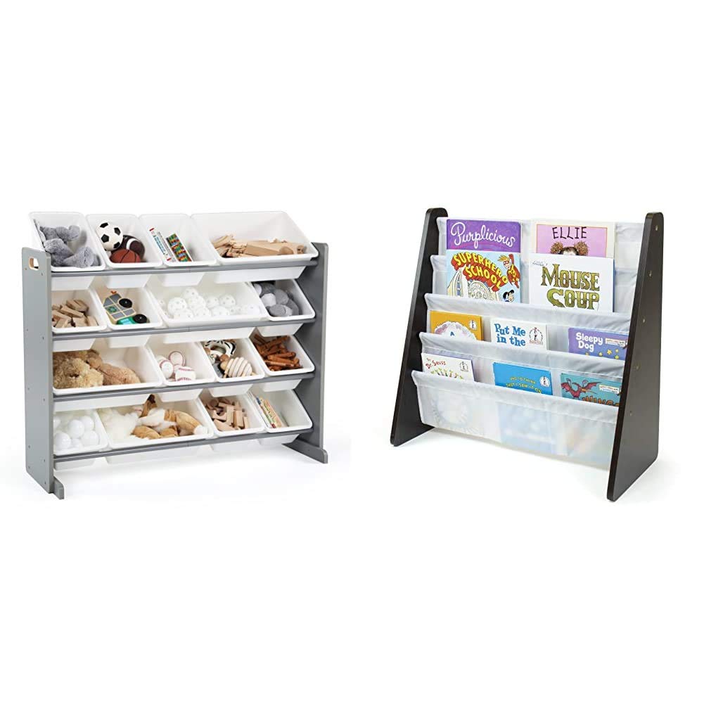 Humble Crew Supersized Wood Toy Storage Organizer with Book Rack - Kids Room Bookshelf for Toys & Books (Espresso/White) - Perfect for Nursery, Playroom & Classroom Organization