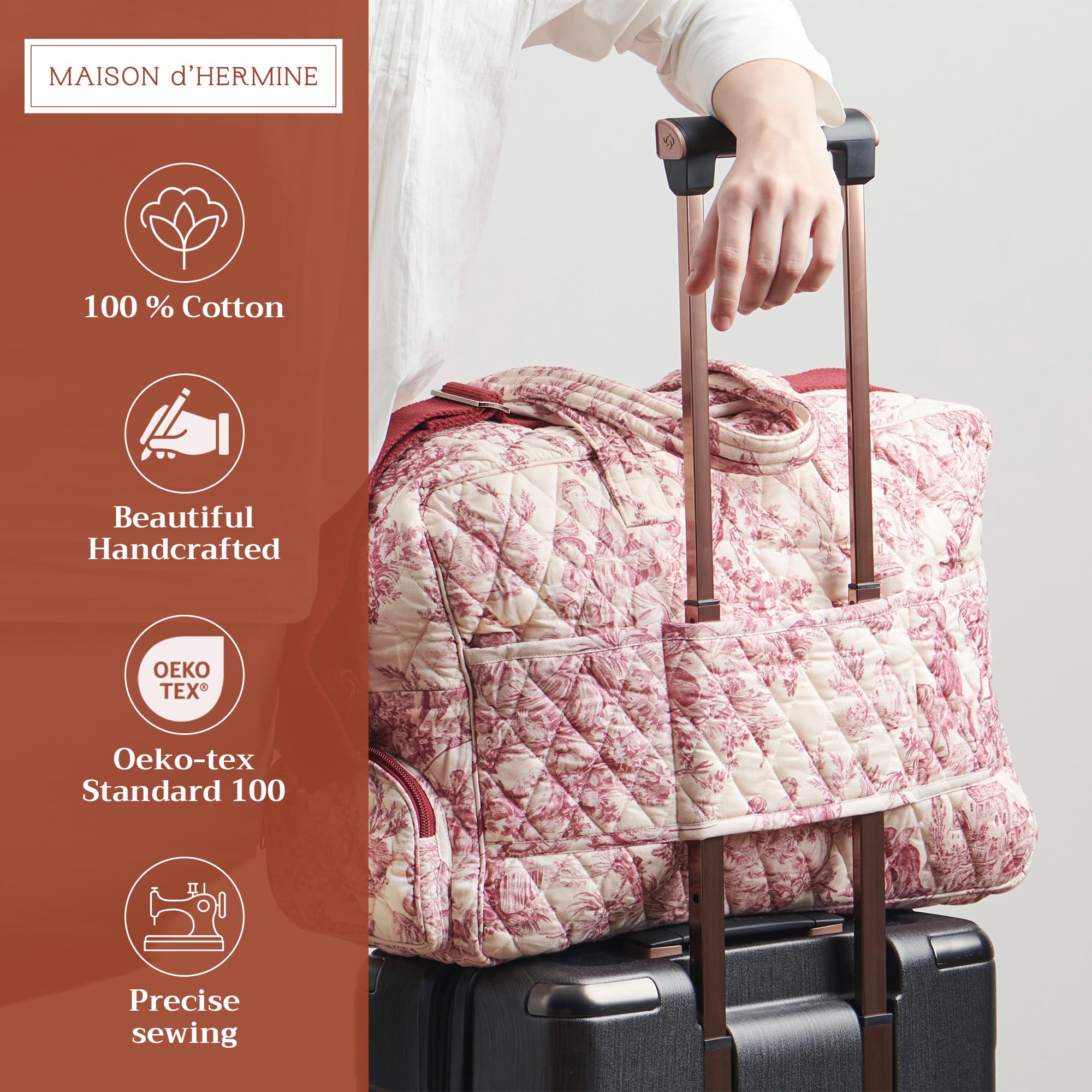 Hermine Weekend Bag - Cotton Quilted Duffel Overnight Luggage for Travel, Gym & Business | Weekender Tote for Men & Women | Perfect Gift for Family Trips & Business Travelers | The Miller - Red | Ideal for Airplane Carry-On, Gym Workouts & Weekend Getaways