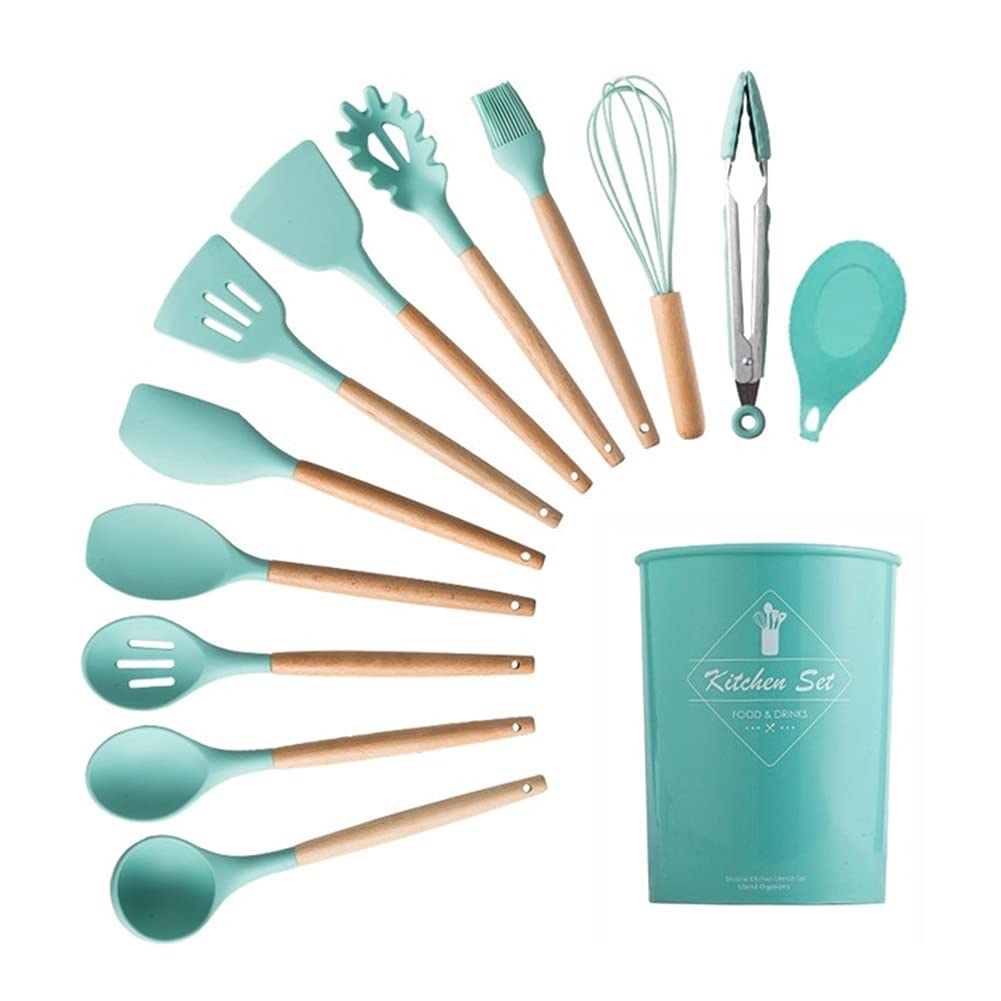 LCM 13-Piece Dark Green Silicone Kitchen Utensils Set - Non-Stick Cooking Tools with Spatula, Spoon & More - Perfect for Baking, Frying & Everyday Cooking - BPA-Free & Heat Resistant