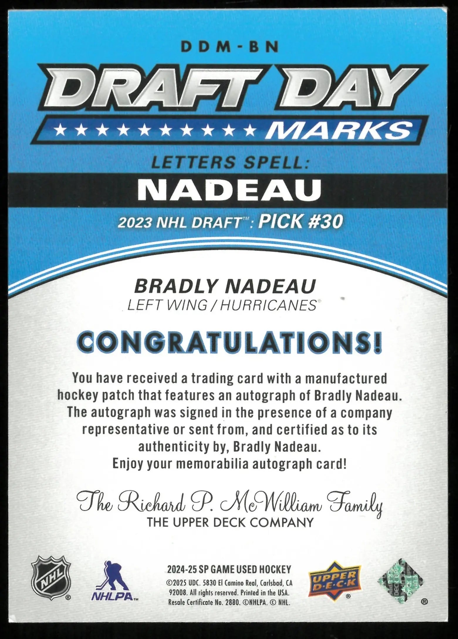 2024-25 Upper Deck SP Game Used Tom Brady Nadeau Draft Day Marks Autograph Letter Patch A /35 - Rare Collectible for NFL Fans & Sports Memorabilia Enthusiasts