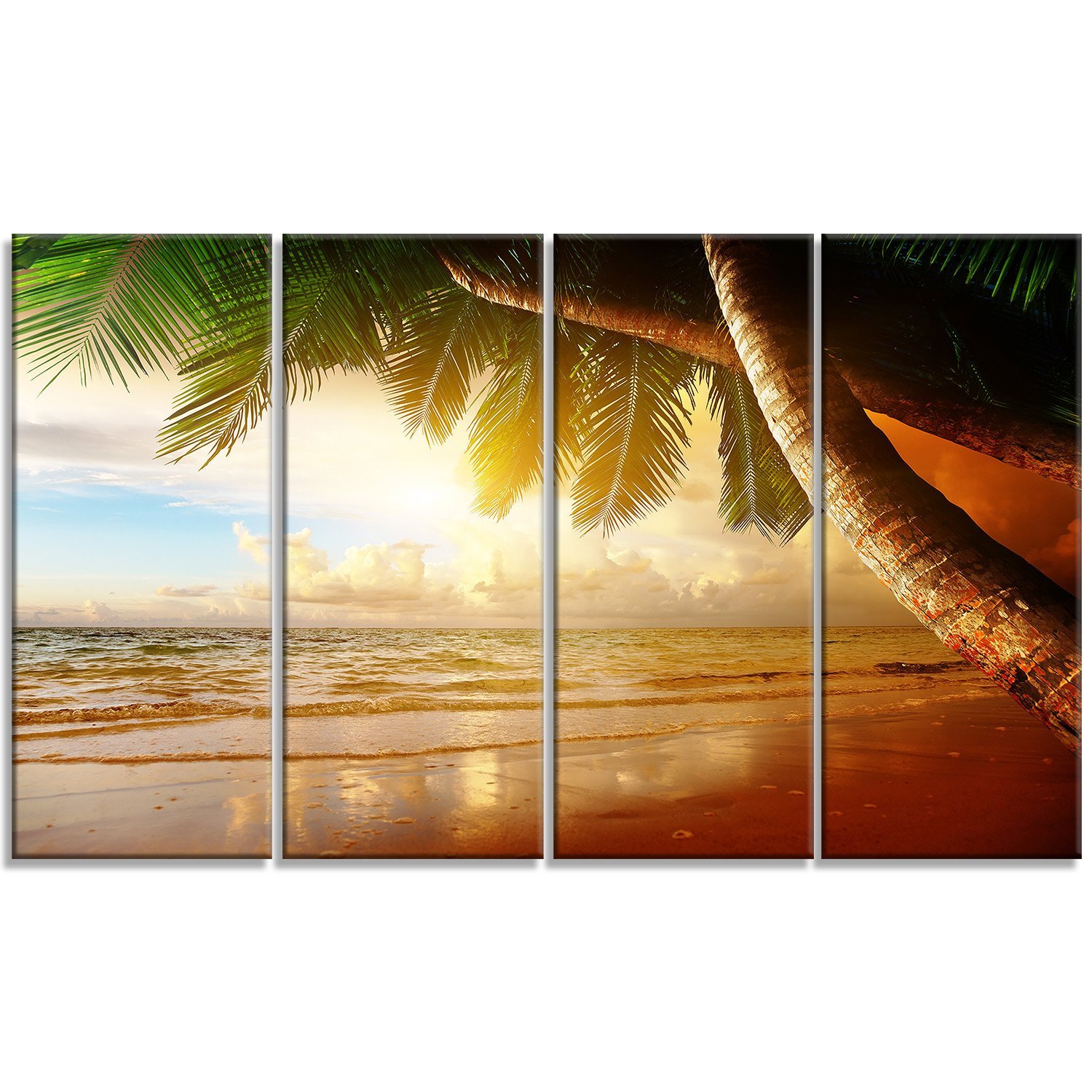 Designart Caribbean Beach Sunrise Landscape Photo Metal Wall Art - 48x28 Inches, 4 Panels - Tropical Coastal Decor for Living Room, Bedroom, Office