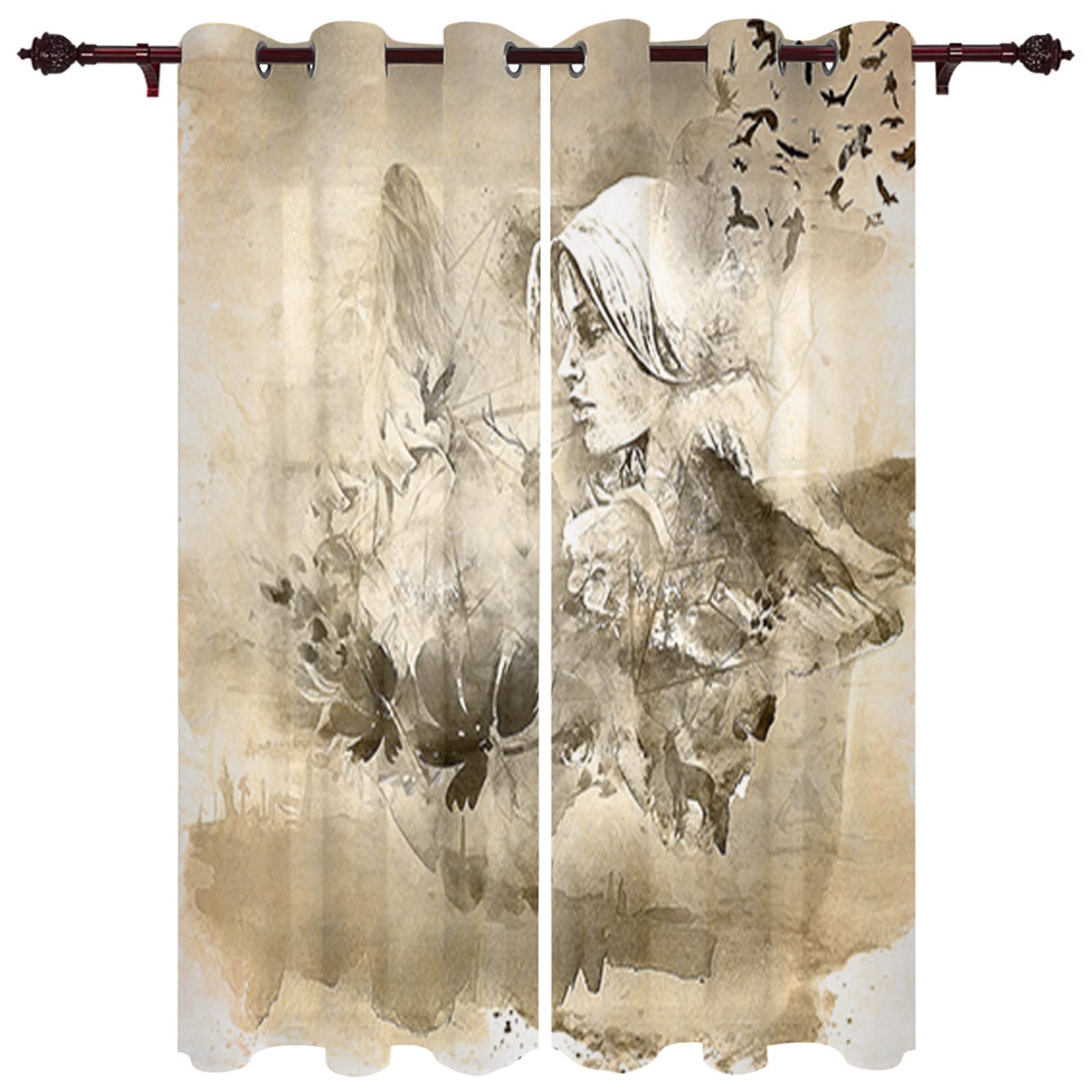 Rice Paper Ink Beauty Ancient Style Lotus Digital Printed Window Curtains - Blackout Grommet Panels for Living Room & Bedroom - 42x63 Inch Modern Privacy Drapes - Perfect for Home Decor, Asian Theme Interiors & Light Control