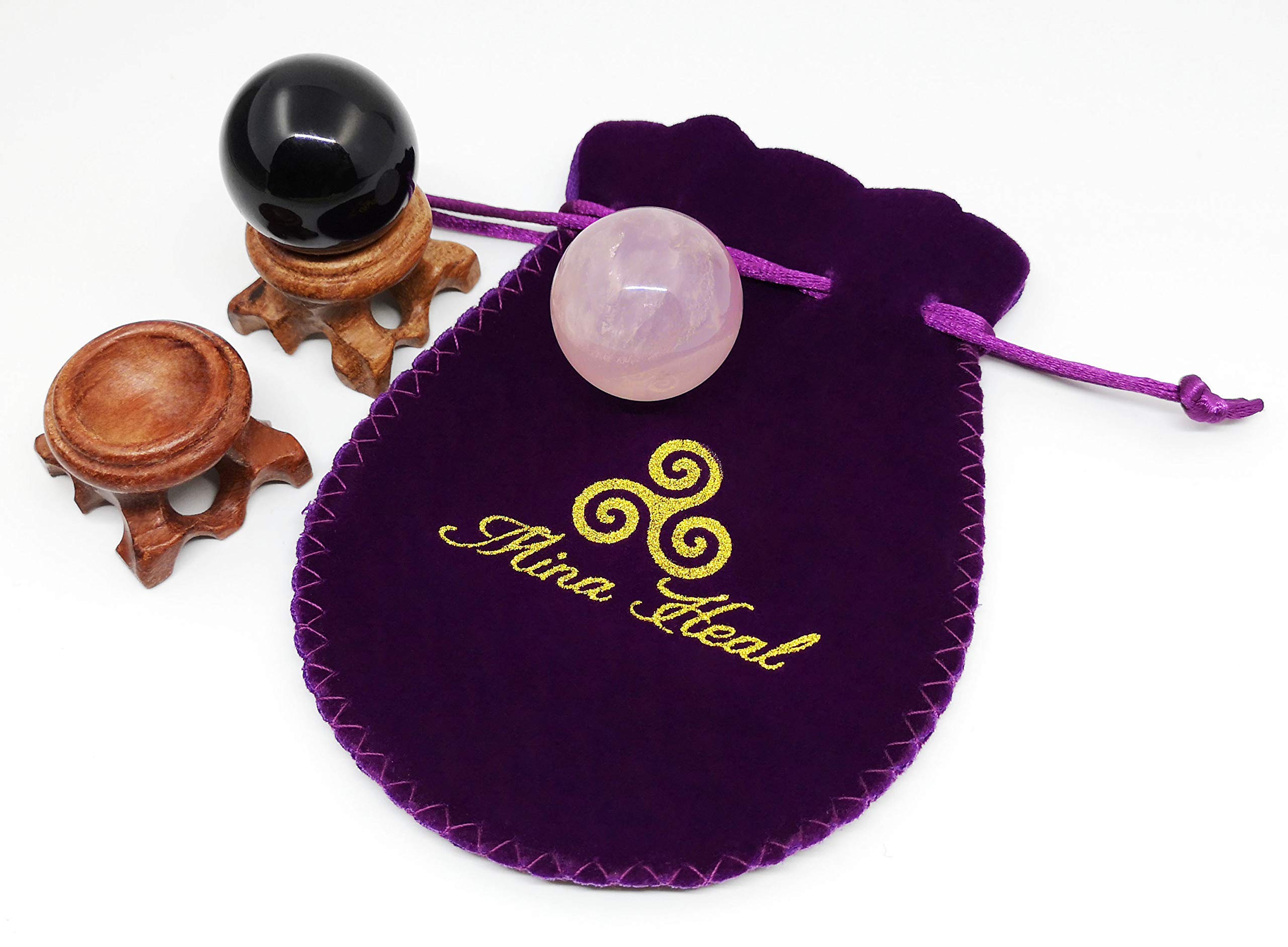Natural Rose Quartz & Black Obsidian Crystal Spheres Set of 2 with Wooden Display Stand - Healing Stones for Meditation, Feng Shui & Home Decor