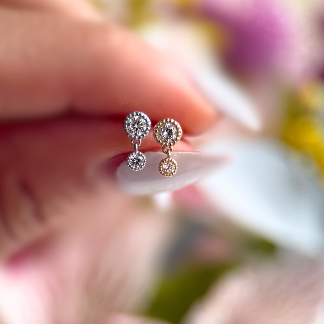 14K Solid Yellow Gold Double Diamond Drop Flat Back Stud Earrings for Women - Perfect for Everyday Wear, Parties & Special Occasions
