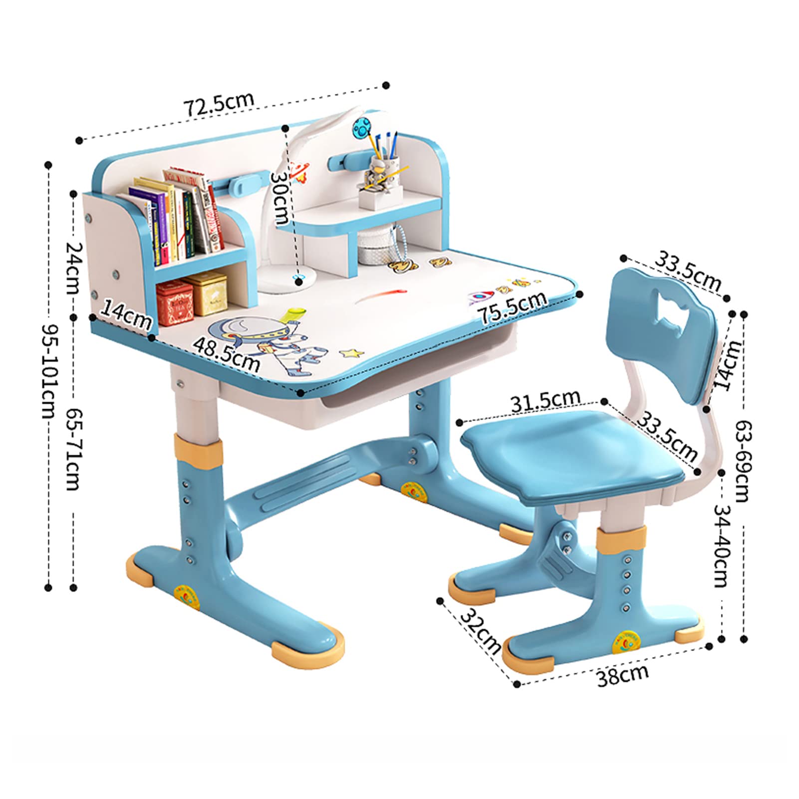Adjustable Height Kids Study Desk & Chair Set with Drawer - Small Standing Desk, Widened Desktop with Cartoon Pattern, Multi-Compartment Organization - Perfect for Children's Bedroom, Homeschooling & Small Space Learning Areas (Blue)