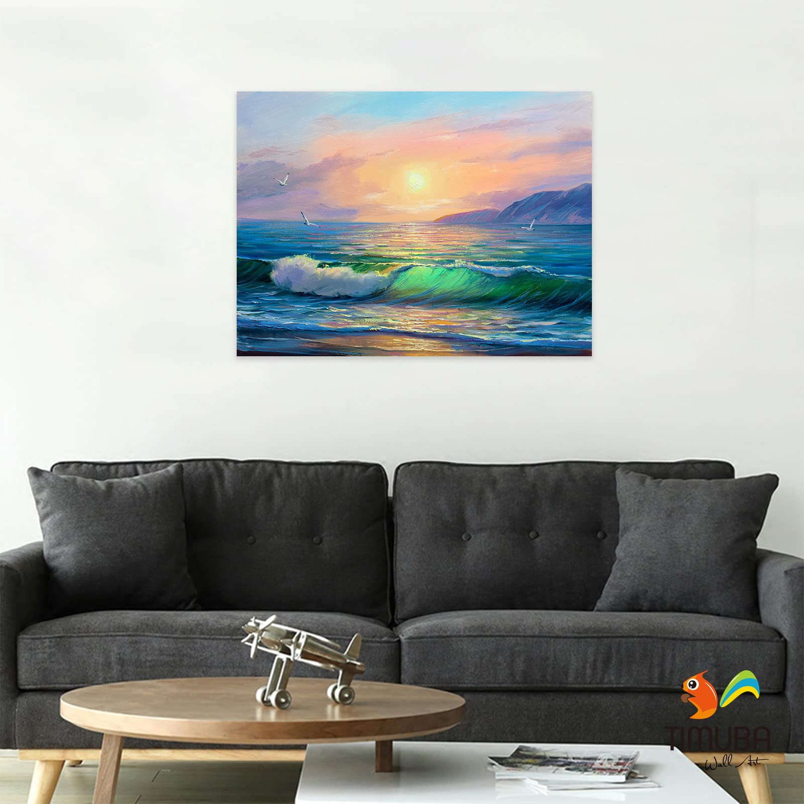 Ocean Wall Art - Abstract Beach Themed Painting for Bathroom & Bedroom Decor - 32x48 Inch Seagull Wall Decor - Perfect for Coastal, Nautical & Beach House Interior Design