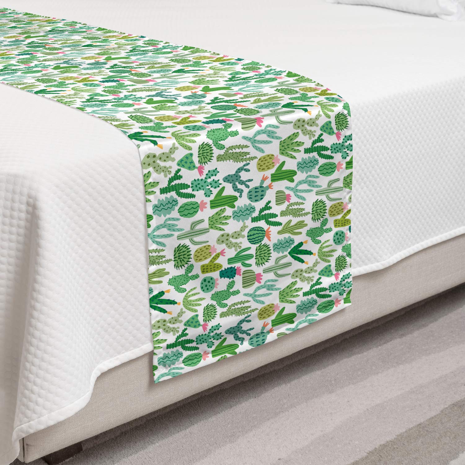 Ambesonne Cactus Bed Runner Set with 2 Pillow Shams - Mexican Theme Cacti Plants Sketch Design on White & Seafoam Backdrop - Decorative Bedding Scarf for Hotels, Homes, and Guest Rooms - Perfect for Southwest, Boho, or Desert Themed Bedroom Decor
