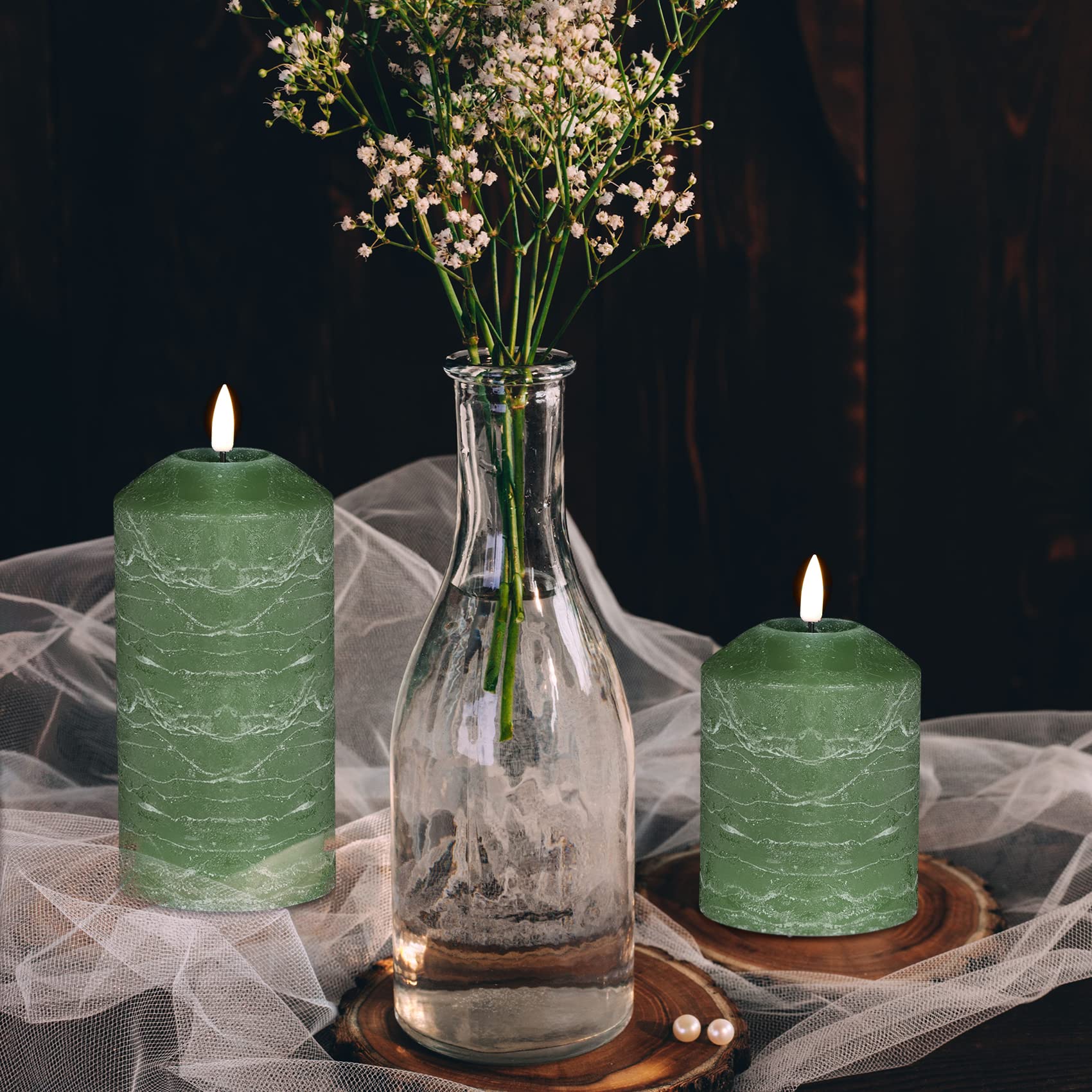 Dark Green Flameless LED Pillar Candles with Remote - Set of 3 Realistic Flickering Battery Operated Candles for Home Decor, Weddings & Romantic Ambiance