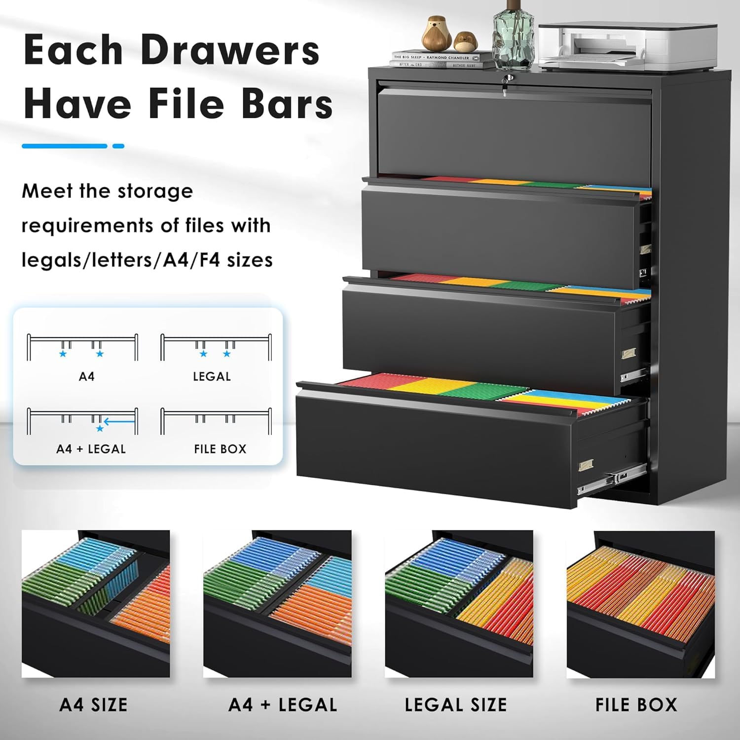 Greenvelly 4-Drawer Lockable Metal Filing Cabinet for Home Office - Black Letter/Legal/A4/F4 Size File Cabinet with Hanging Bars & Key - Perfect for Document Organization in Small Offices, Home Workspaces, and Professional Settings