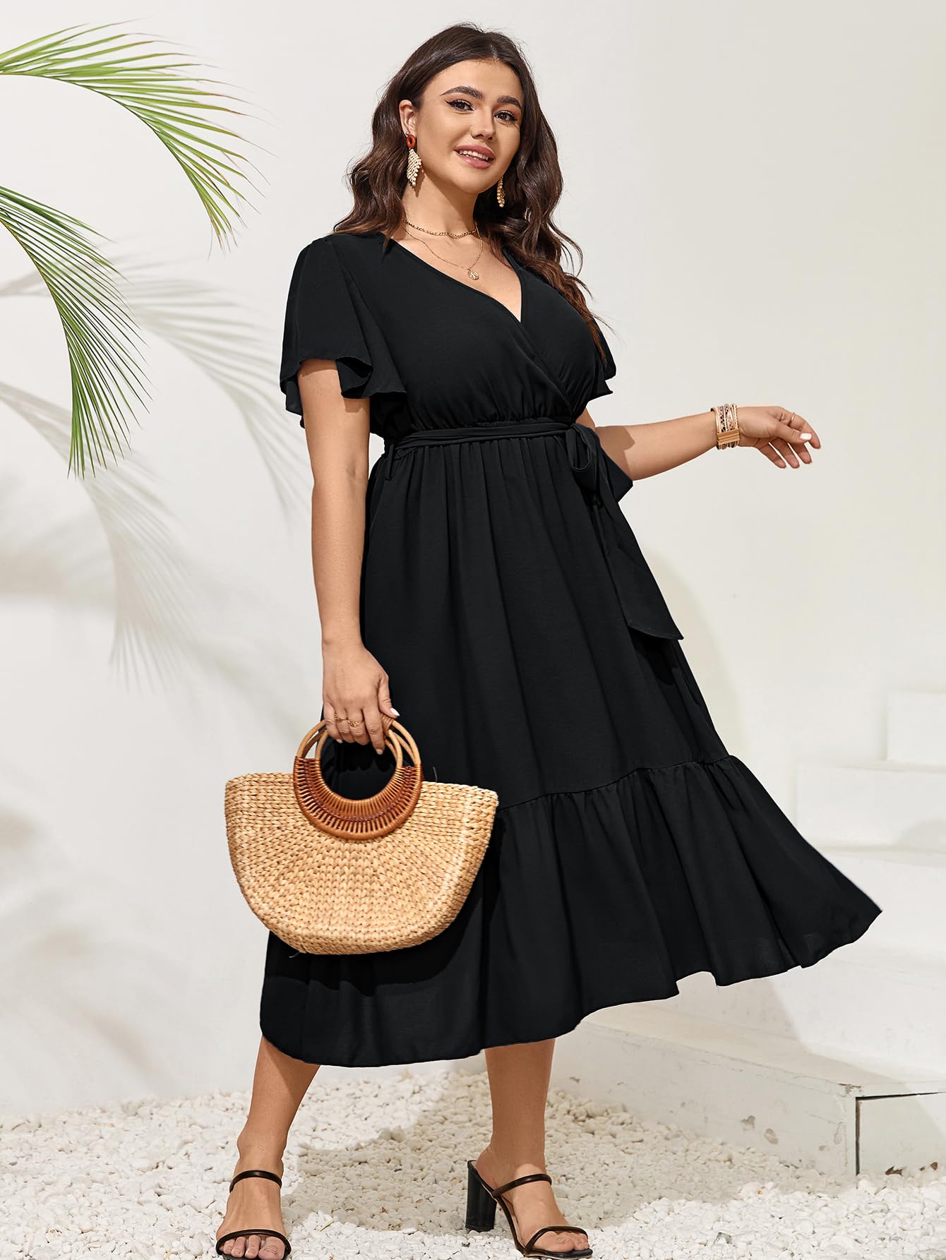 Elegant SCOMCHIC Plus Size Wedding Guest Dress - Summer Wrap V-Neck Short Sleeve with Belt & Ruffle Hem A-Line Flowy Maxi Dress for Women | Perfect for Weddings, Parties & Special Occasions