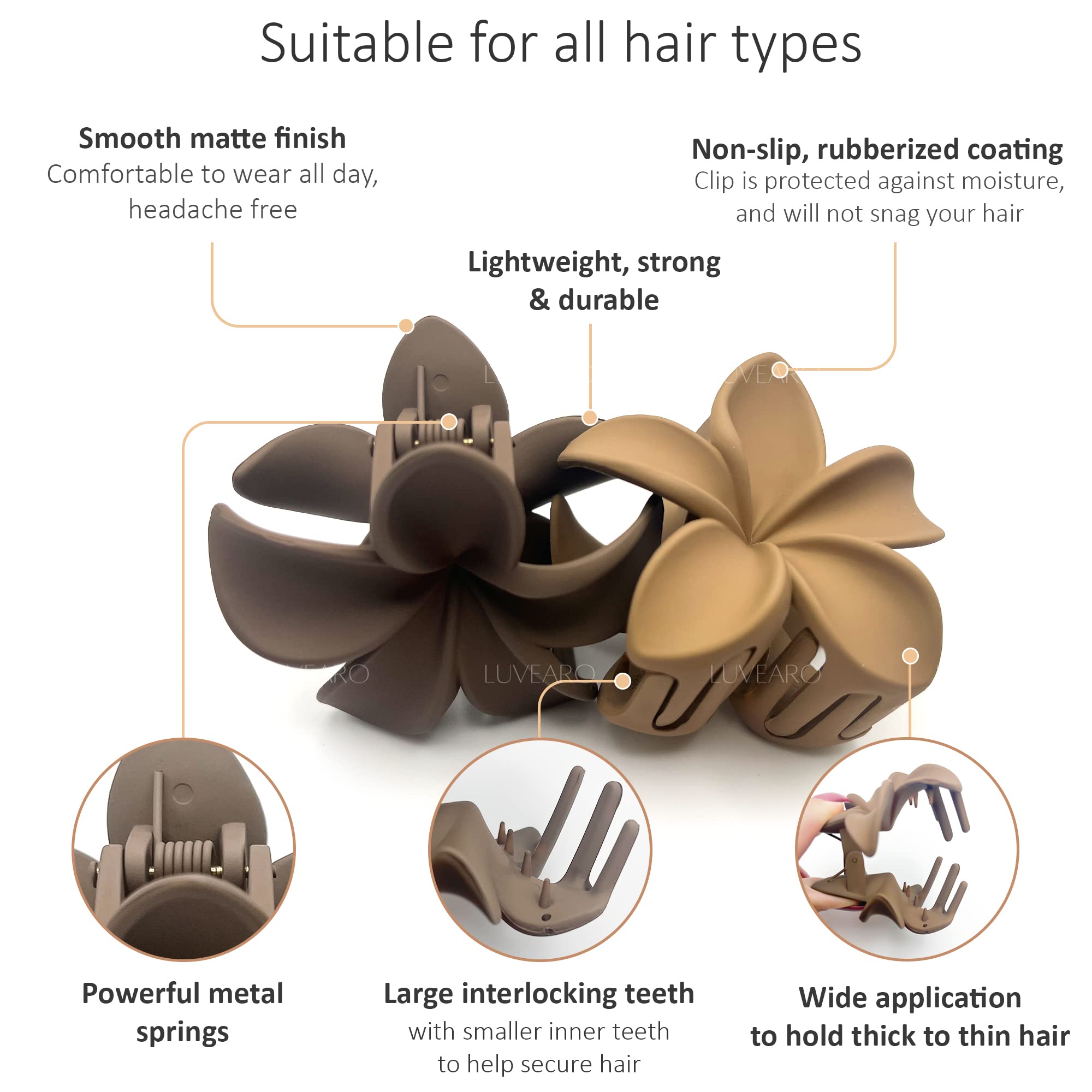 4-Piece Non-Slip Matte Flower Hair Clips for Women - Strong Hold for Thick & Thin Hair - Neutral Floral Claw Clips Variety Set with Plumeria Design - Perfect for Everyday Wear, Work & Special Occasions