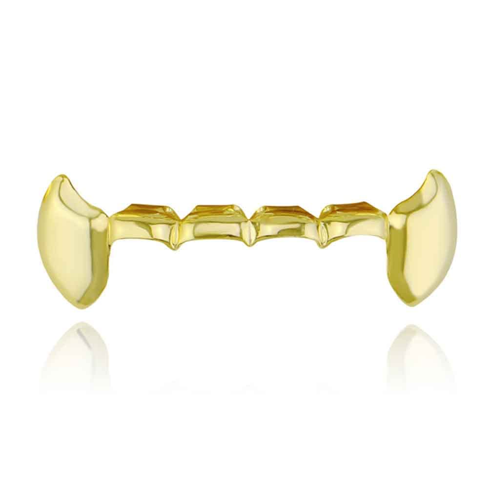 Psivika Gold Plated Shiny Hip Hop Teeth Grillz - Iced Out CZ Top & Bottom Vampire Fangs for Men & Women | Perfect for Rap Performances, Halloween Costumes & Streetwear Fashion