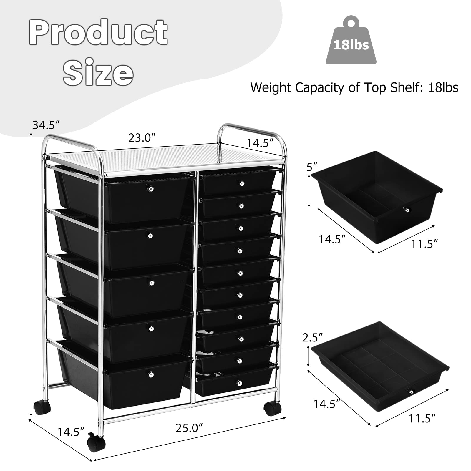 15-Drawer Storage Cart Organizer - Rolling Trolley for Office & School Files