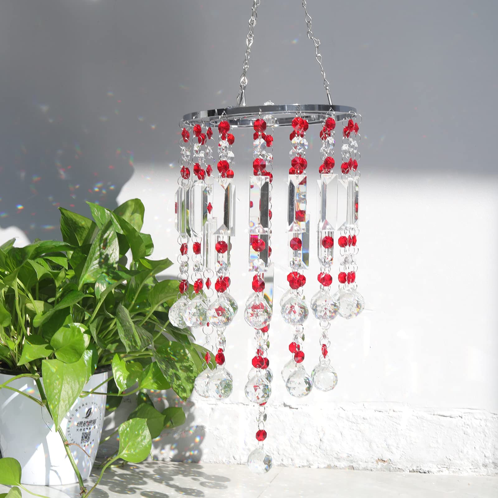 LONGSHENG Crystal Wind Chime with Red Prisms & Beads - Handmade Sun Catcher Pendant for Home Decor Since 2001 | Perfect Gift for Garden, Patio, or Window Decoration