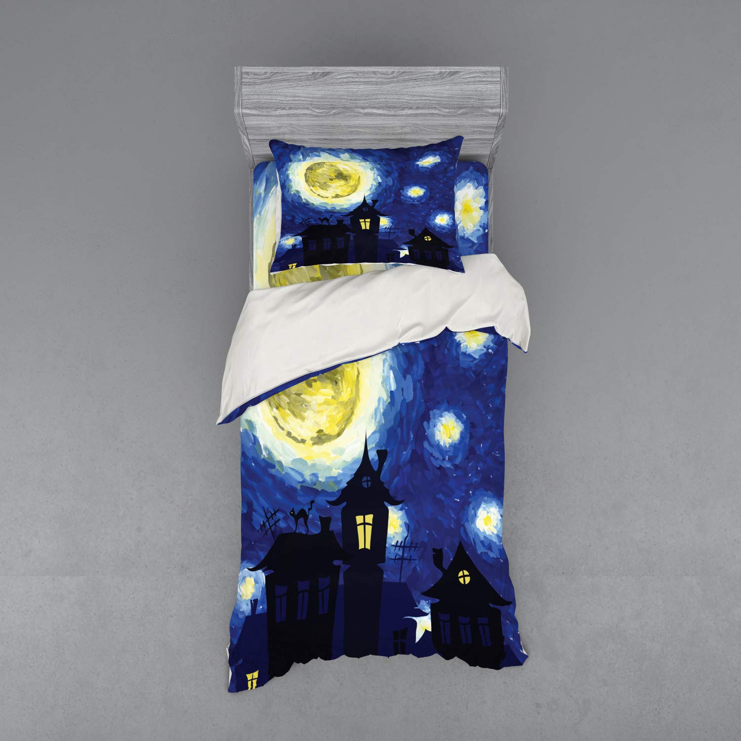 Ambesonne Moon Bedding Set - Hand Drawn Country Houses & Full Moon Design, 3-Piece Duvet Cover Set with Pillow Sham & Fitted Sheet, Twin Size, Dark Blue Black Yellow - Perfect for Cozy Bedrooms, Guest Rooms & Moon-Themed Decor