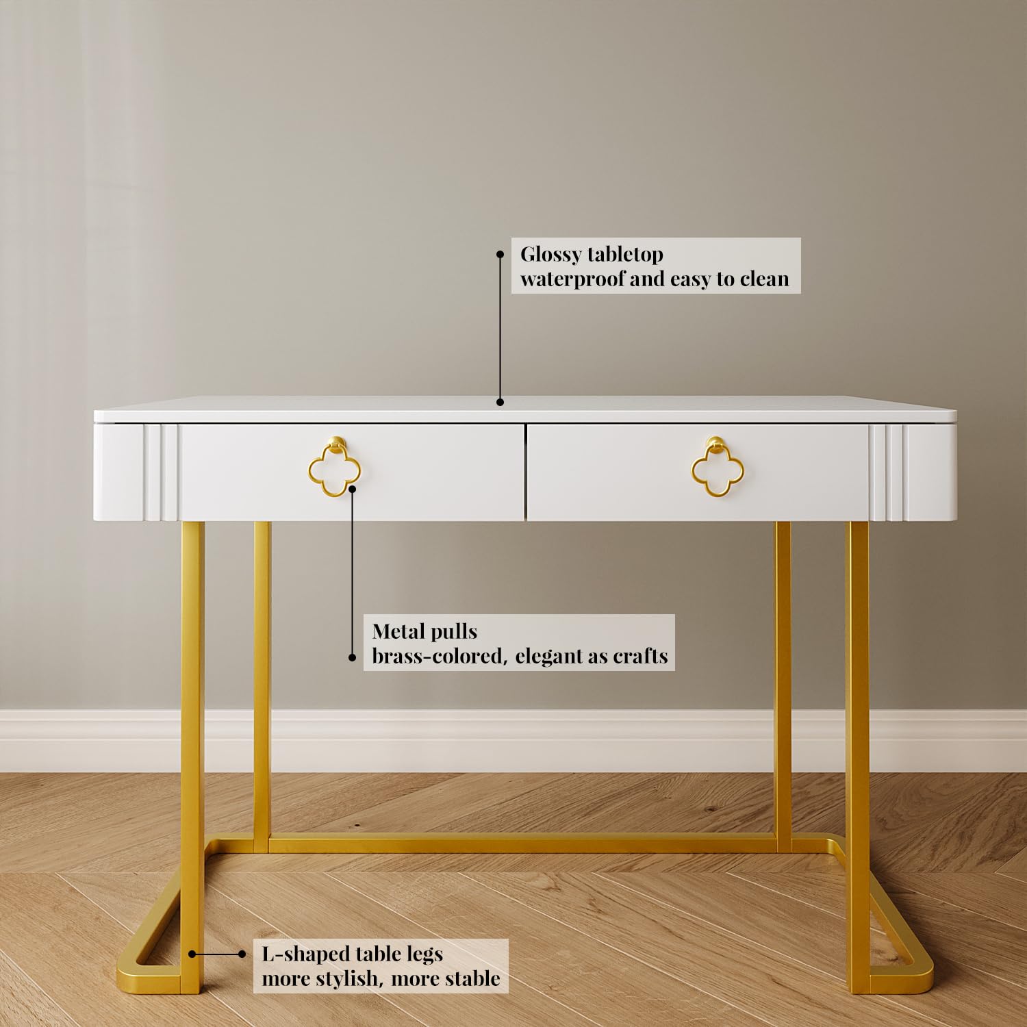 White Vanity Desk with 2 Drawers - Gold & White Modern Makeup Table, Home Office Desk, Entryway Console & Sofa Table with Deluxe Legs - Perfect for Bedroom, Living Room & Dressing Area