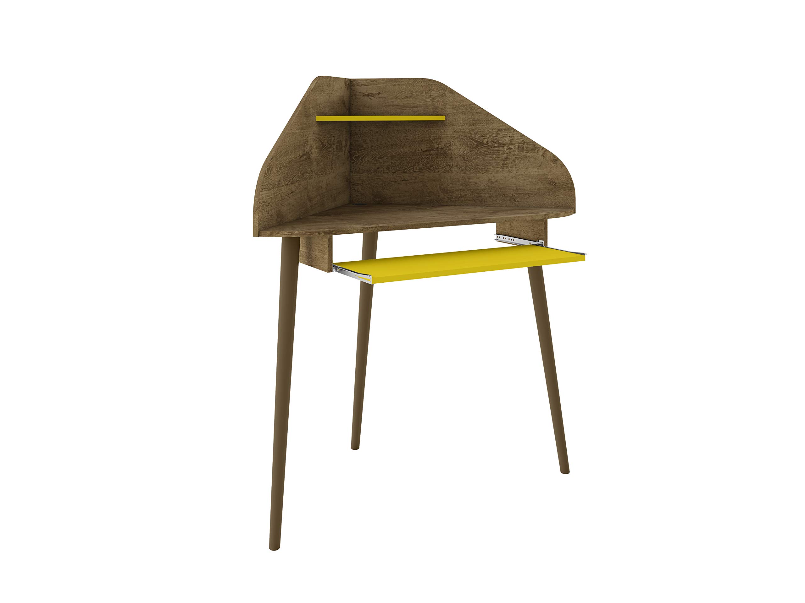 Bradley Corner Desk for Small Spaces with Overhead Shelf & Keyboard Drawer | Mid Century Modern Study Desk with Wire Management | Rustic Brown/Yellow | Perfect for Home Office, Dorm Room & Apartment Workspaces
