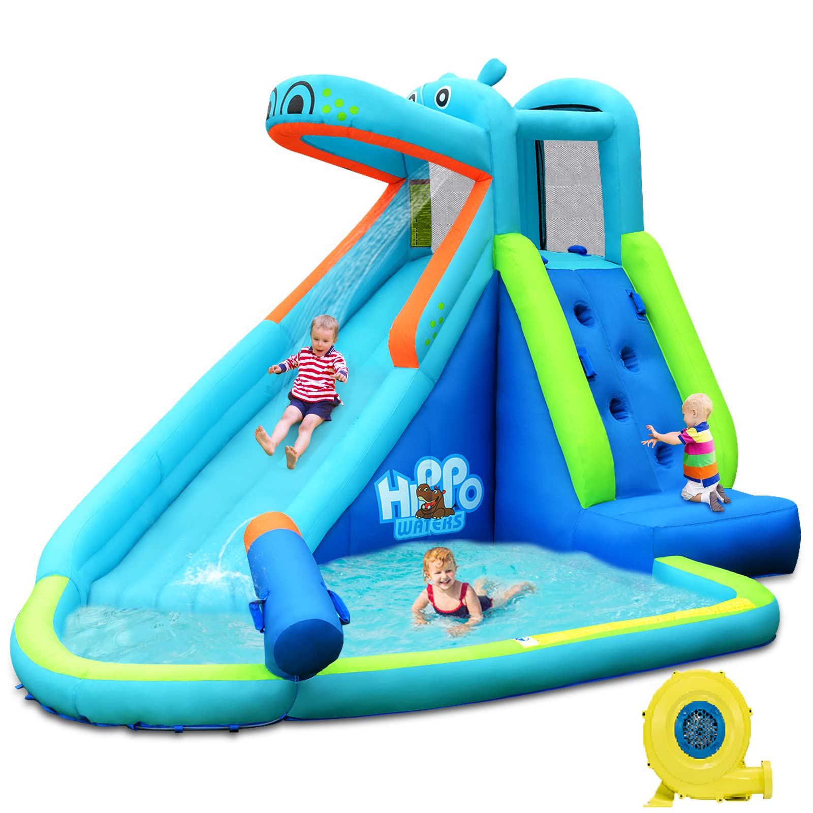 OLAKIDS Inflatable Water Slide - Hippo Themed Bounce House with Splash Pool, Climbing Wall & Water Gun | Outdoor Summer Water Play for Kids | Perfect for Backyard, Birthday Parties & Family Fun