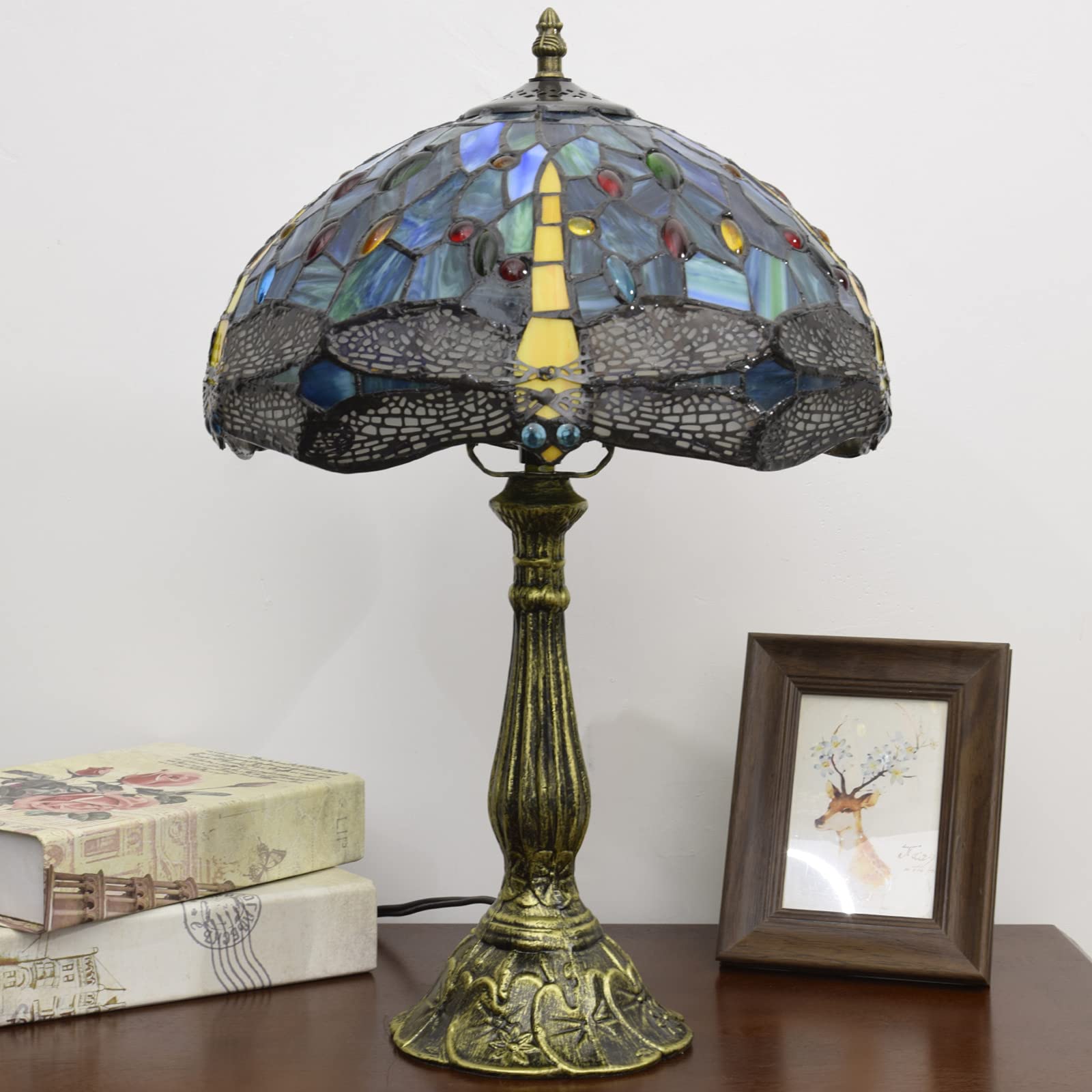 12 Inch Mediterranean Blue Dragonfly Tiffany Table Lamp - European Stained Glass Lampshade for Bedside, Desk & Living Room Decor | Perfect for Bedroom, Coffee Bar & Art Display