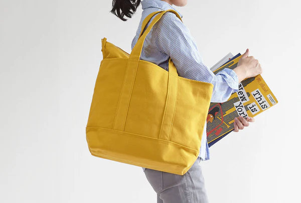 Kurashiki Hampu Canvas Zipper Tote Bag - Grayish White Japanese Style Tote for Work, Travel & Shopping | Durable Cotton Shoulder Bag