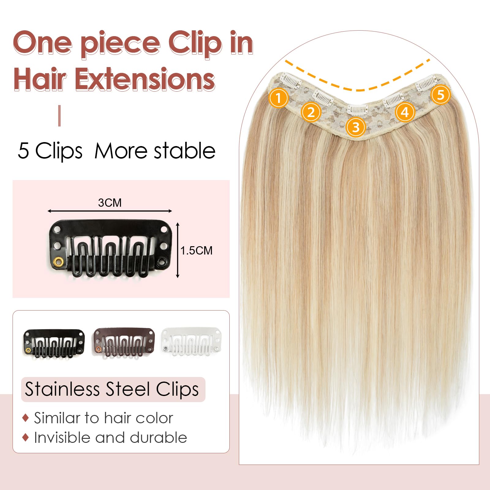Benehair One Piece Clip in Hair Extensions - 100% Real Human Hair, 3/4 Full Head V-Shaped Weft with 5 Clips (22