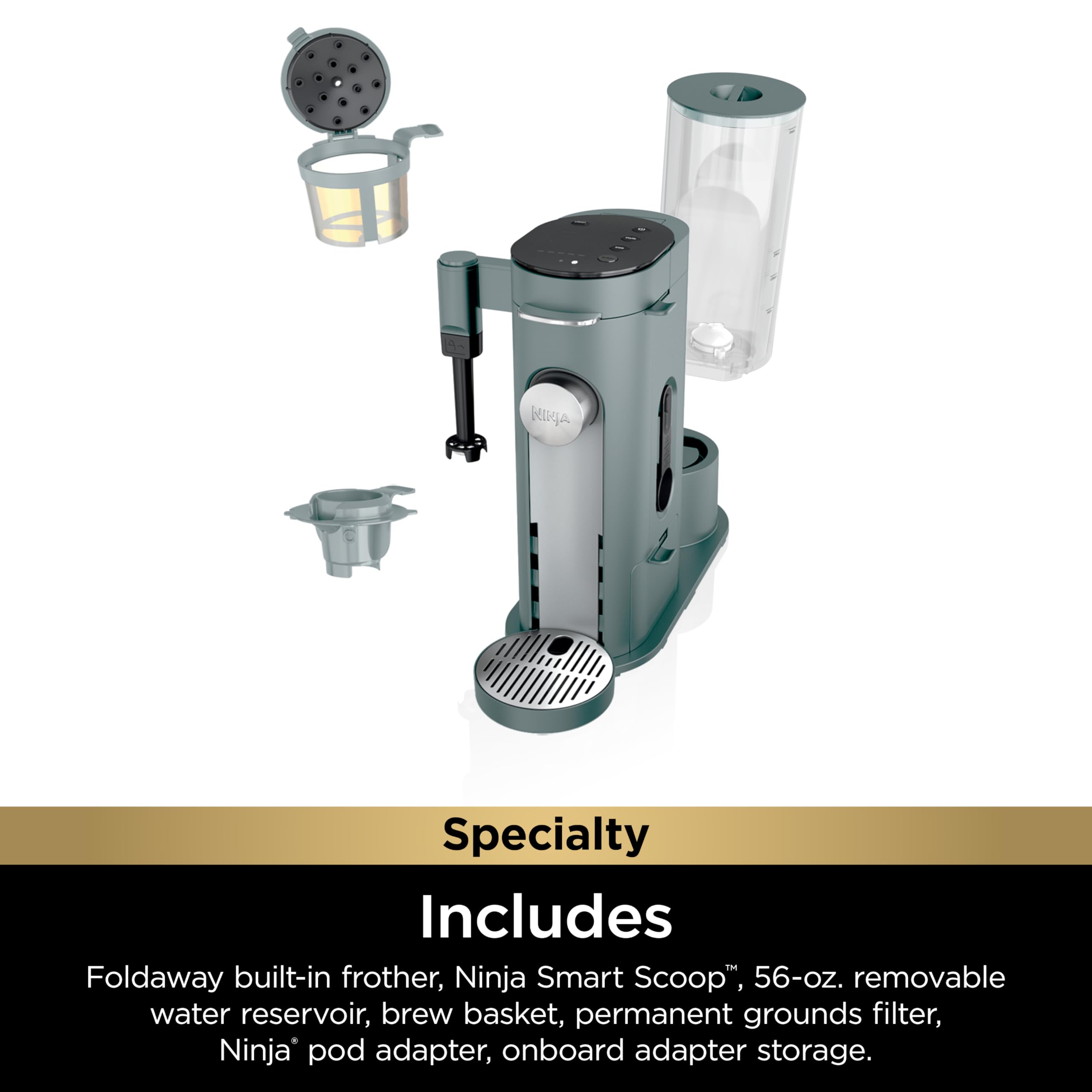 Ninja Specialty Single-Serve Coffee Maker with Built-In Milk Frother - K-Cup Pod Compatible for Hot & Iced Coffee (6oz to 24oz Cup Sizes) - 1550W Sage Green (PB051SG) - Perfect for Home, Office & Travel Use